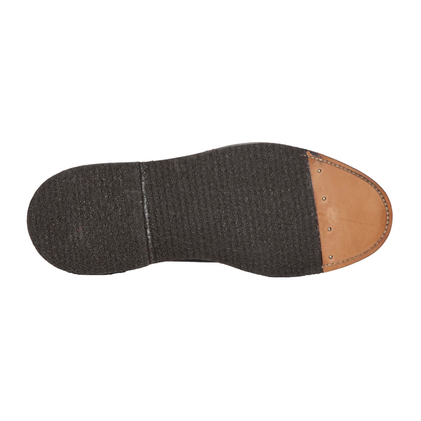 The image shows the sole of Alden Madisons 947 - All Weather Walker in Brown Alpine Grain Calfskin with visible nails. The texture resembles a Crepe Sole, contrasting beautifully with the smooth and polished leather.