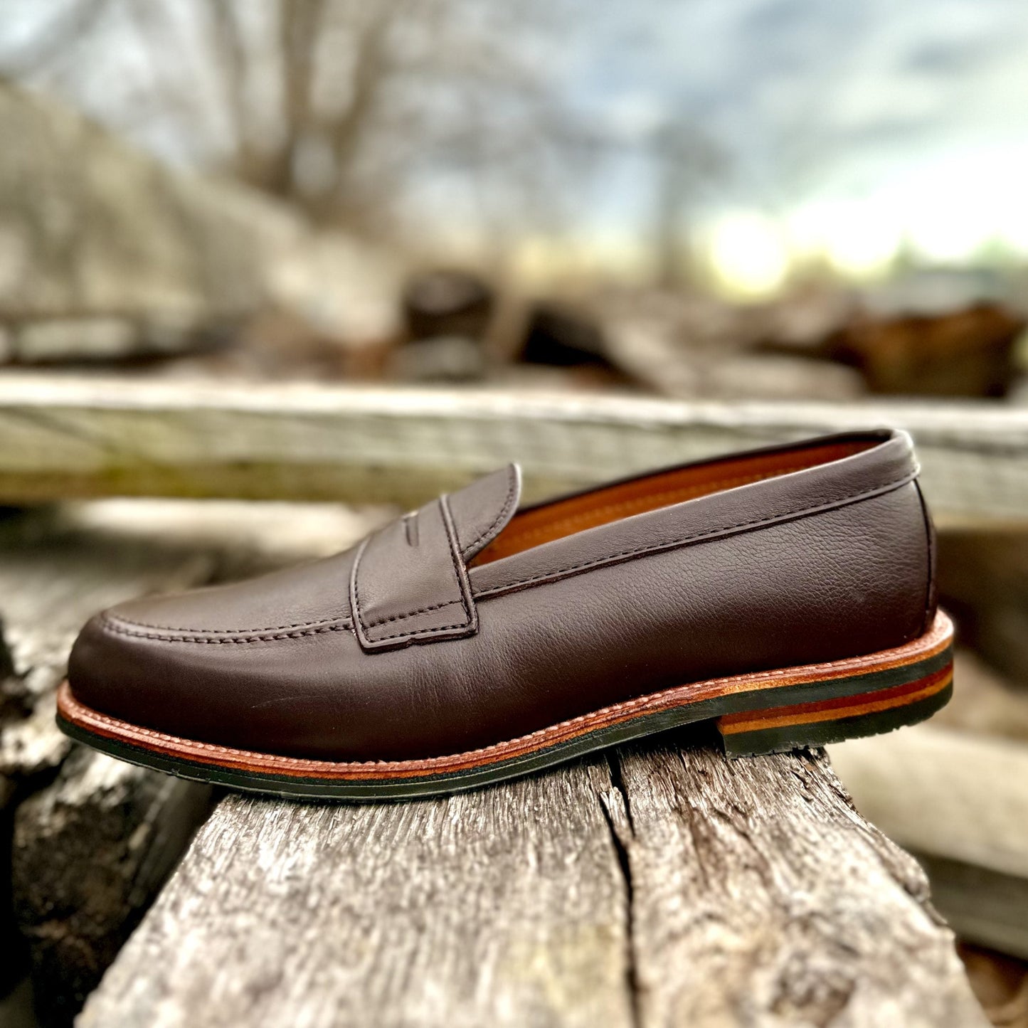 The D2203L - Penny Loafer in Brown Lady Calf by Alden Madison, featuring a distinctive red and green sole detail, is set on a wooden plank against a blurred outdoor backdrop with trees and a cloudy sky.
