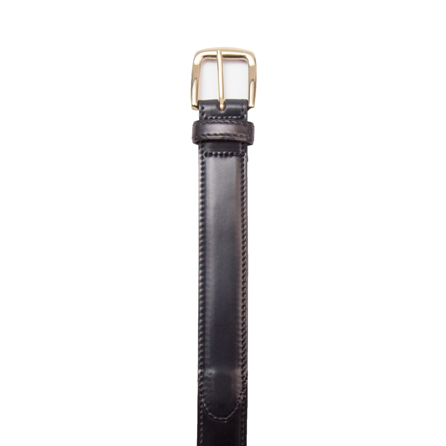 The Alden Madison B002 - Black Shell, 30mm Gold is a black leather belt made from Horween Shell Cordovan, featuring a shiny gold buckle against a white background with visible edge stitching and an elegant prong that completes this timeless accessory.