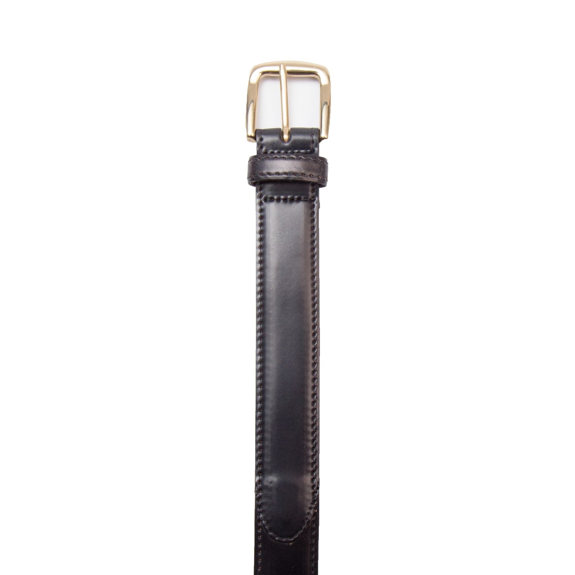 The Alden Madison B002 - Black Shell, 30mm Gold is a black leather belt made from Horween Shell Cordovan, featuring a shiny gold buckle against a white background with visible edge stitching and an elegant prong that completes this timeless accessory.