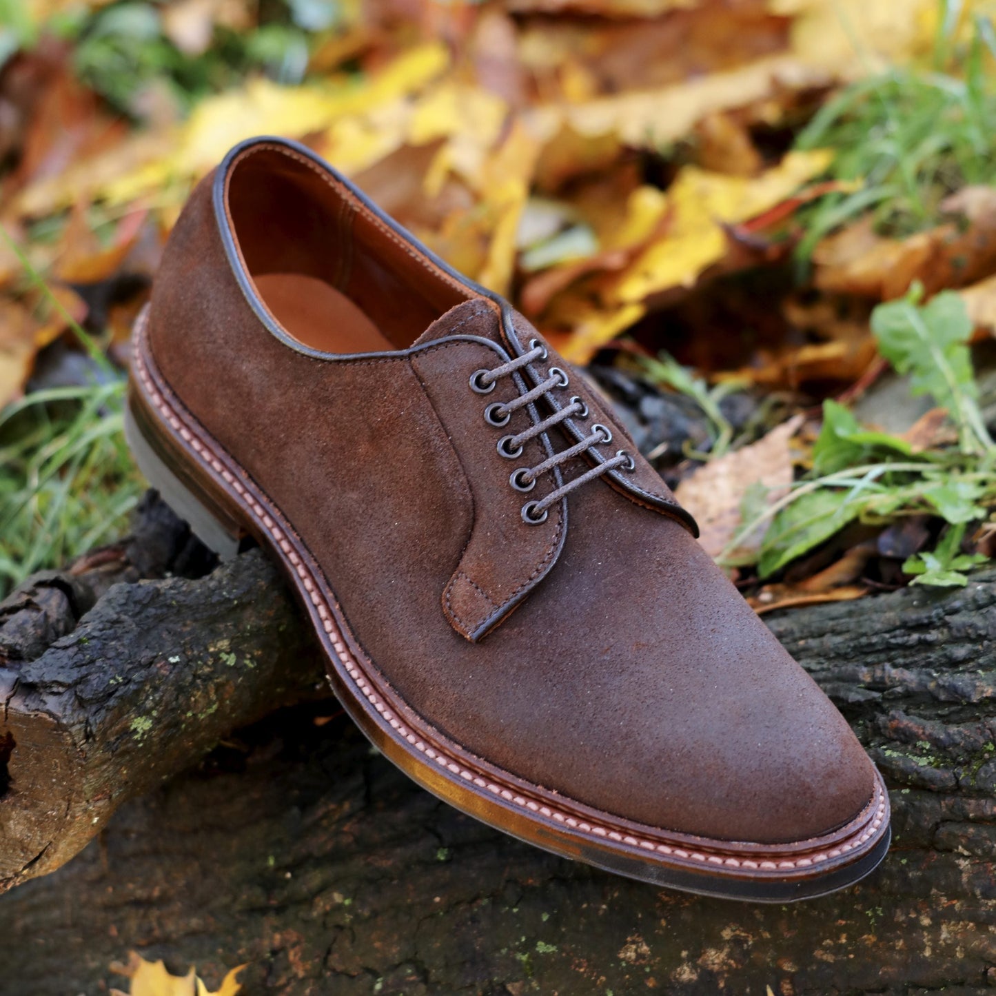 The Alden Madison 9474C Plain Toe Blucher in Tobacco Reverse Chamois, featuring laces and a rugged Commando Sole, is displayed outdoors on a log amid fallen yellow and brown autumn leaves.