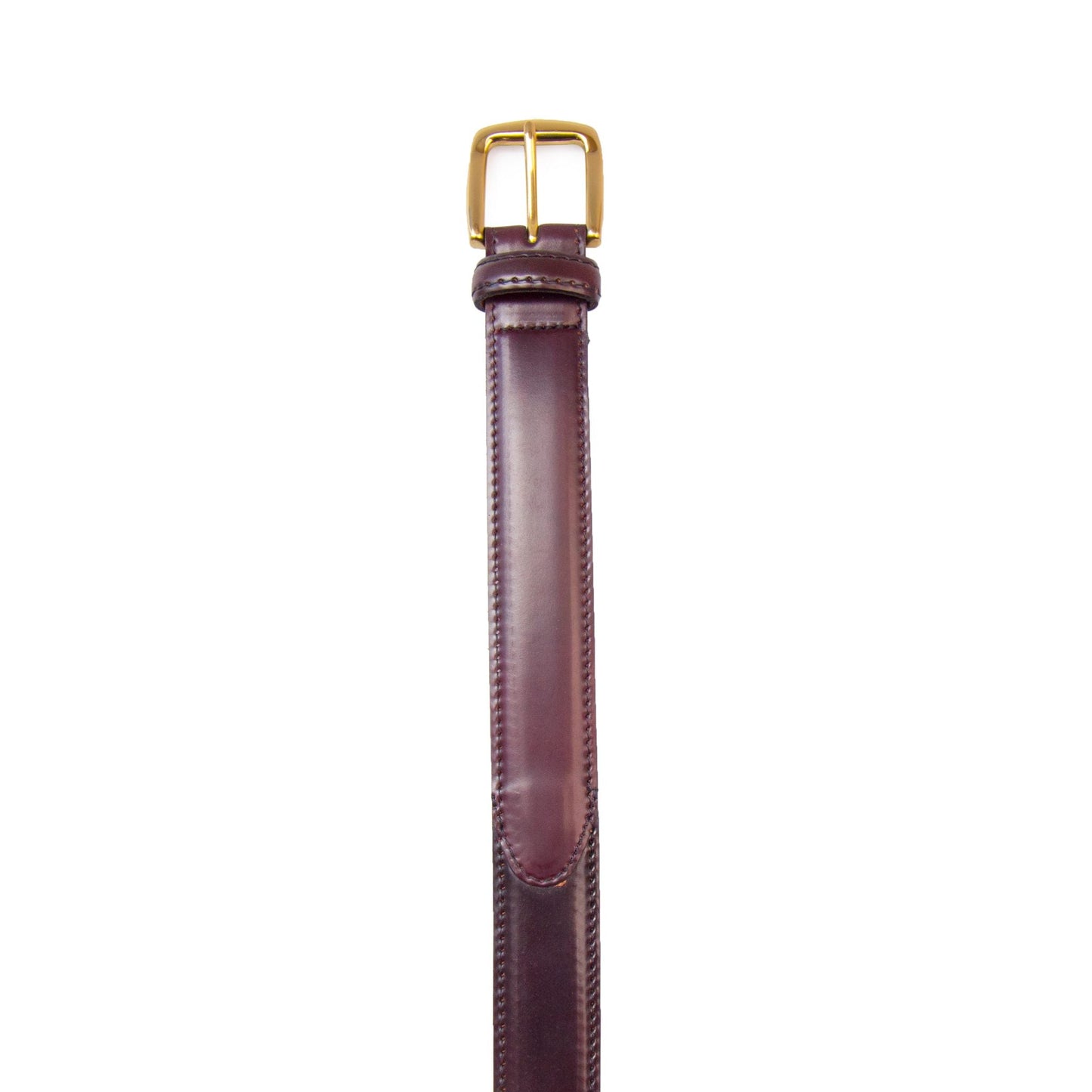 Alden Madisons A002 Color 8, a 30mm dark brown Horween Shell Cordovan leather belt with a shiny gold buckle, is displayed vertically on a pristine white background.