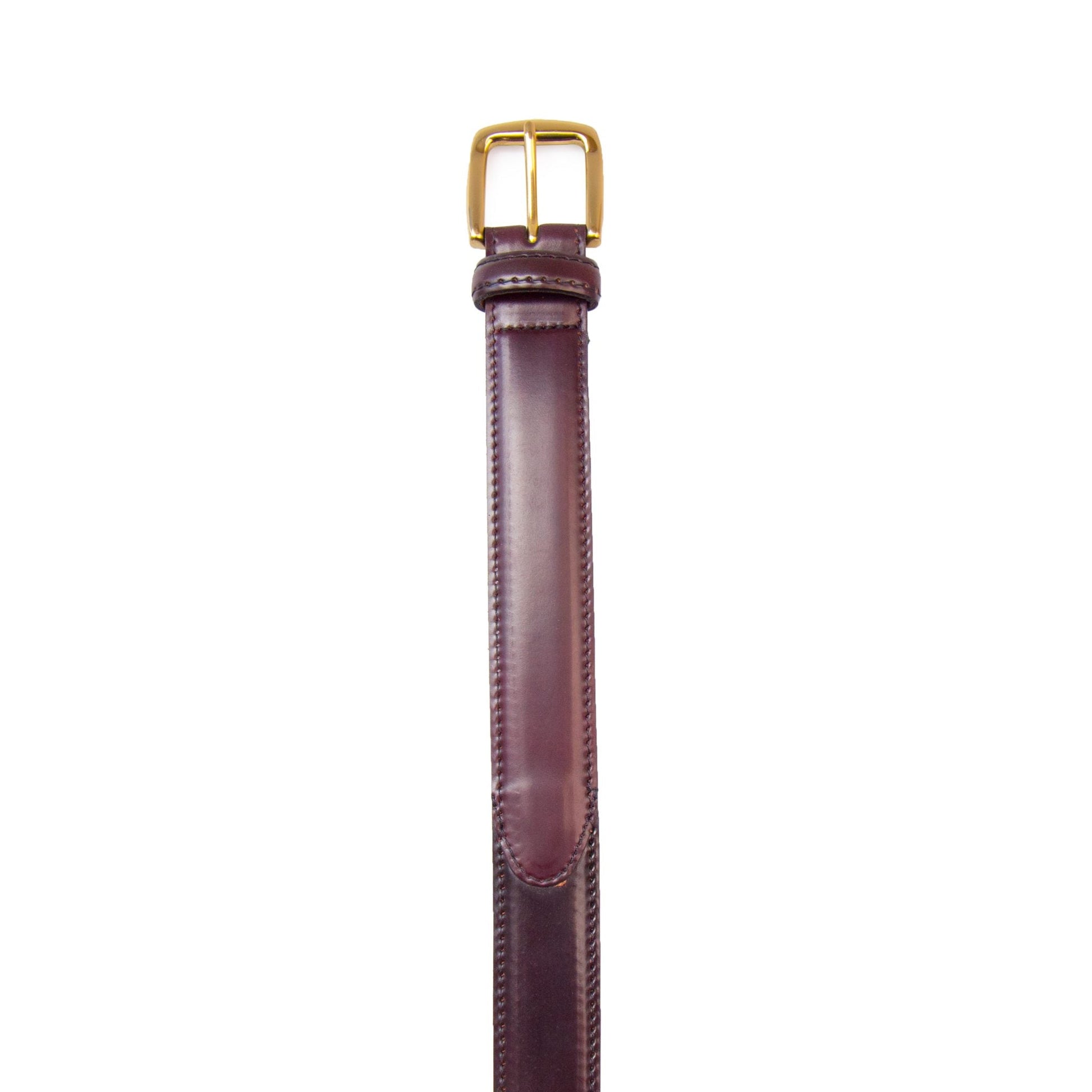 Alden Madisons A002 Color 8, a 30mm dark brown Horween Shell Cordovan leather belt with a shiny gold buckle, is displayed vertically on a pristine white background.