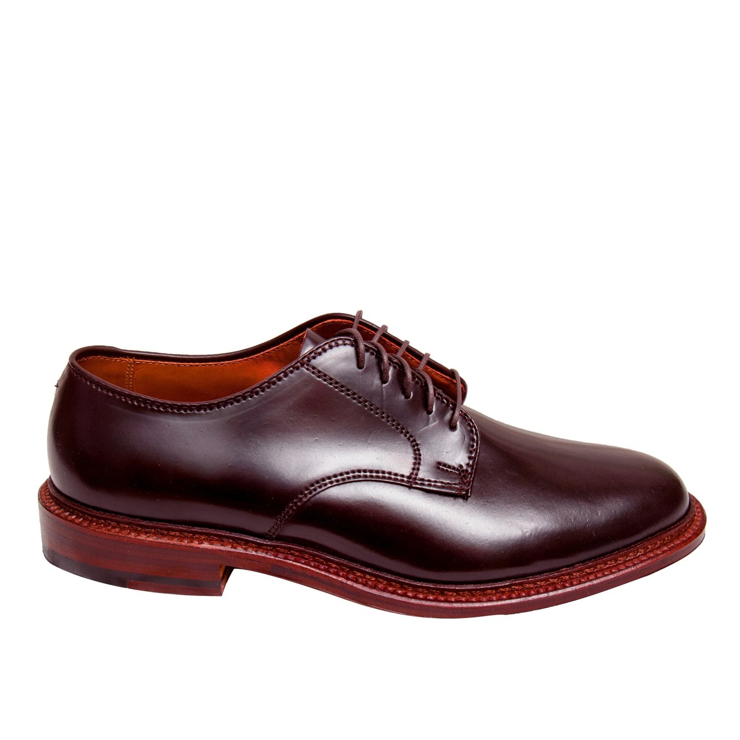 The Alden Madison M6405 - Unlined Dover is a polished brown leather dress shoe crafted in Color 8 Shell Cordovan, featuring laces, a low heel, and a smooth finish on a Flex Leather Sole, shown side view against a white background.