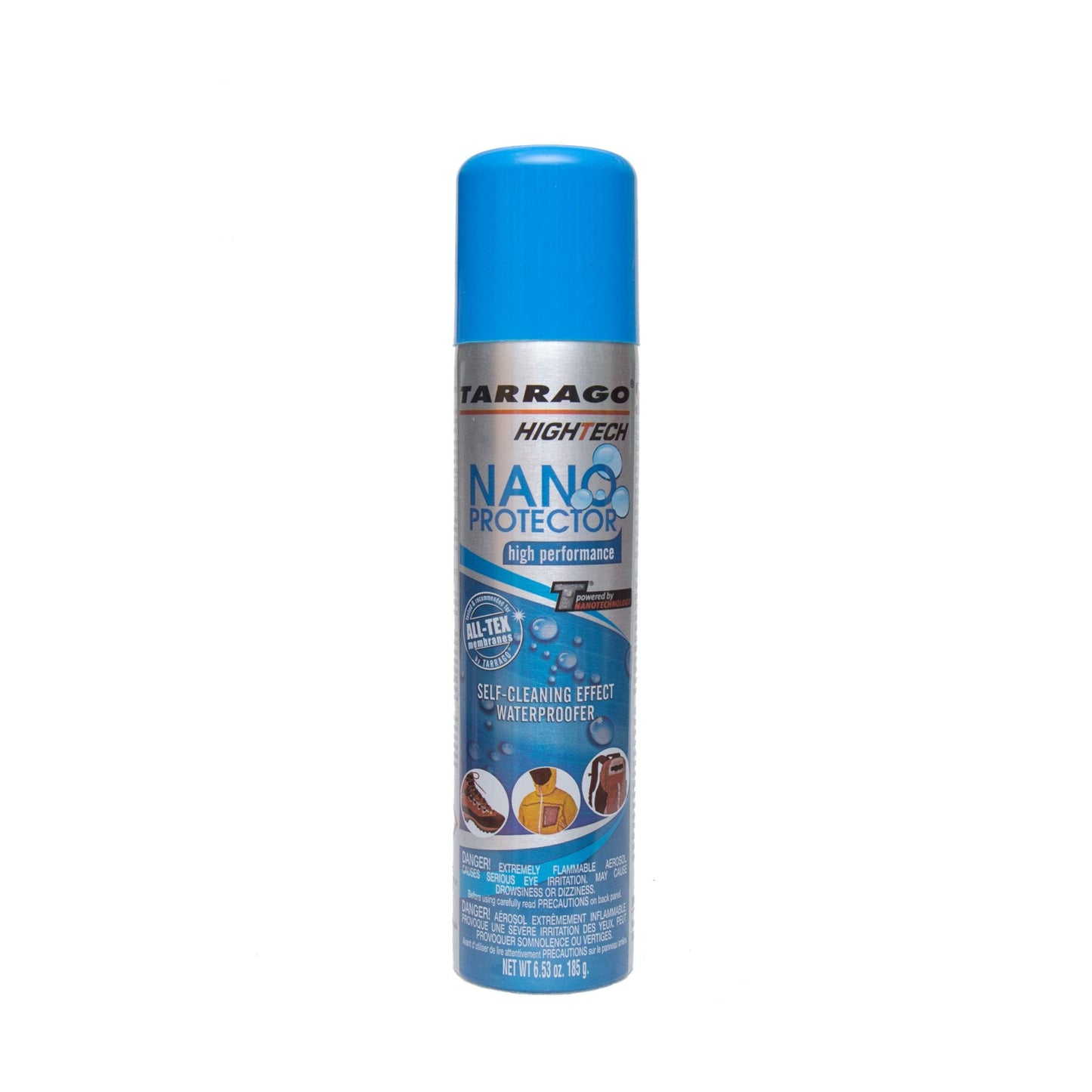 A blue and silver spray can of Alden Madison Nano Suede Protector, designed for leather and suede. It is high performance, self-cleaning, waterproofs against water and oil stains, with a capacity of 250 ml (8.8 fl oz).