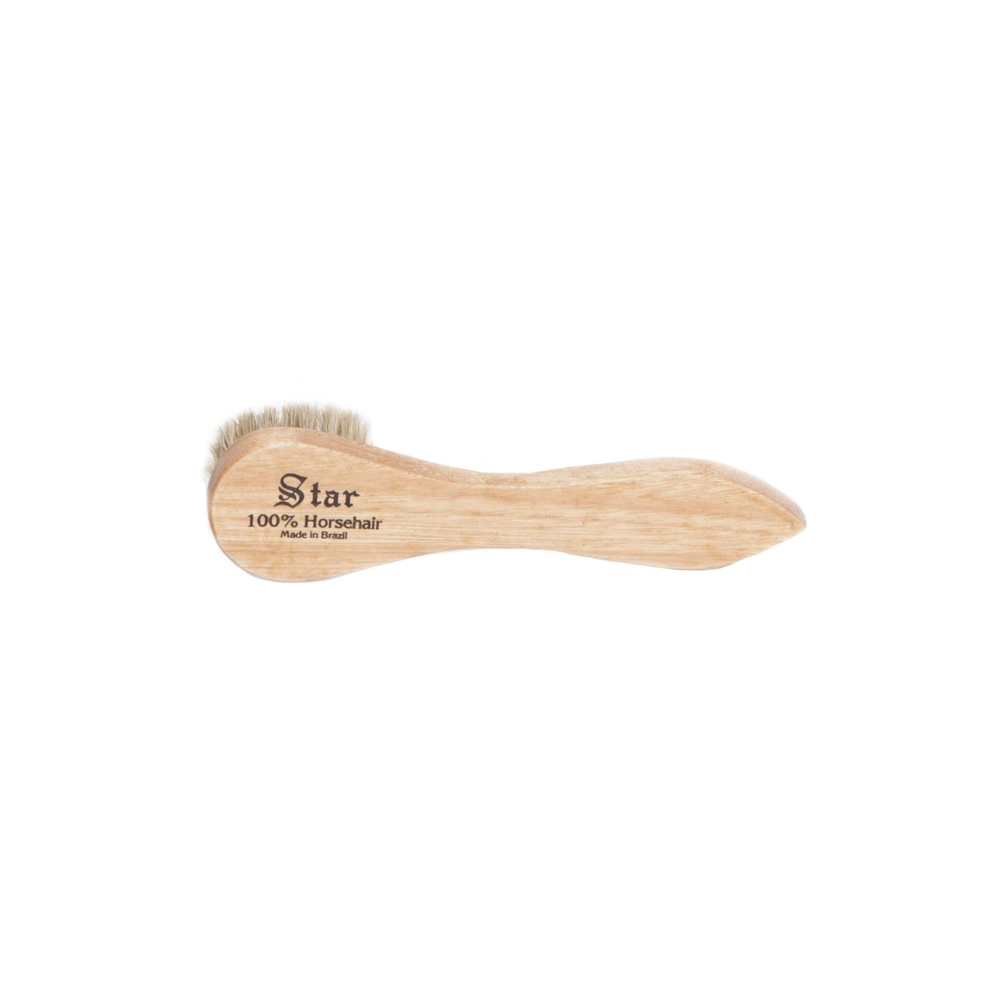 The Horse Hair Dauber by Alden Madison is a wooden brush with a curved handle, featuring densely packed, light-colored bristles ideal for cleaning or polishing.