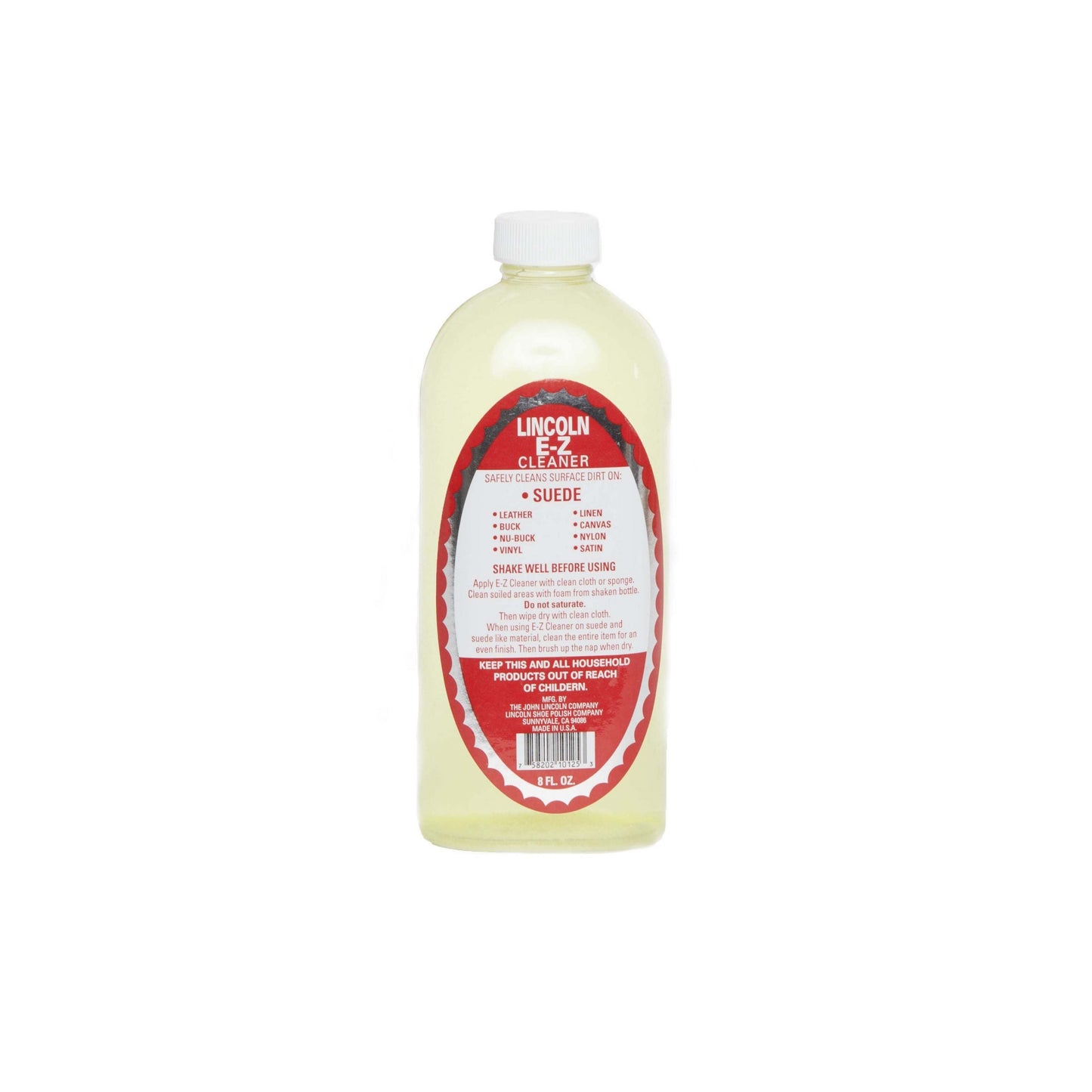 A clear bottle labeled Lincoln E-Z Cleaner by Alden Madison features a red and white design, ideal for cleaning leather and suede. It effectively removes surface dirt, with instructions to shake well before use. The bottle is displayed on a plain white background.