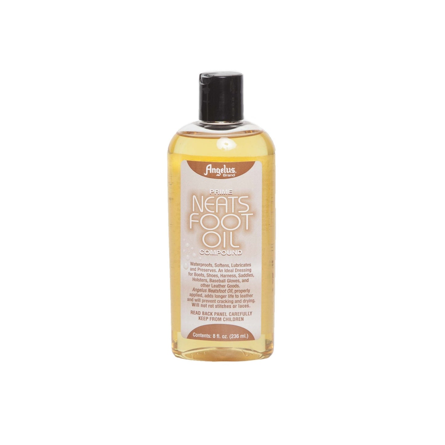 The 8 fl oz (236 mL) Alden Madison Neats Foot Oil features a black cap and is ideal for leather goods. According to the label, it waterproofs, softens, and lubricates leather.