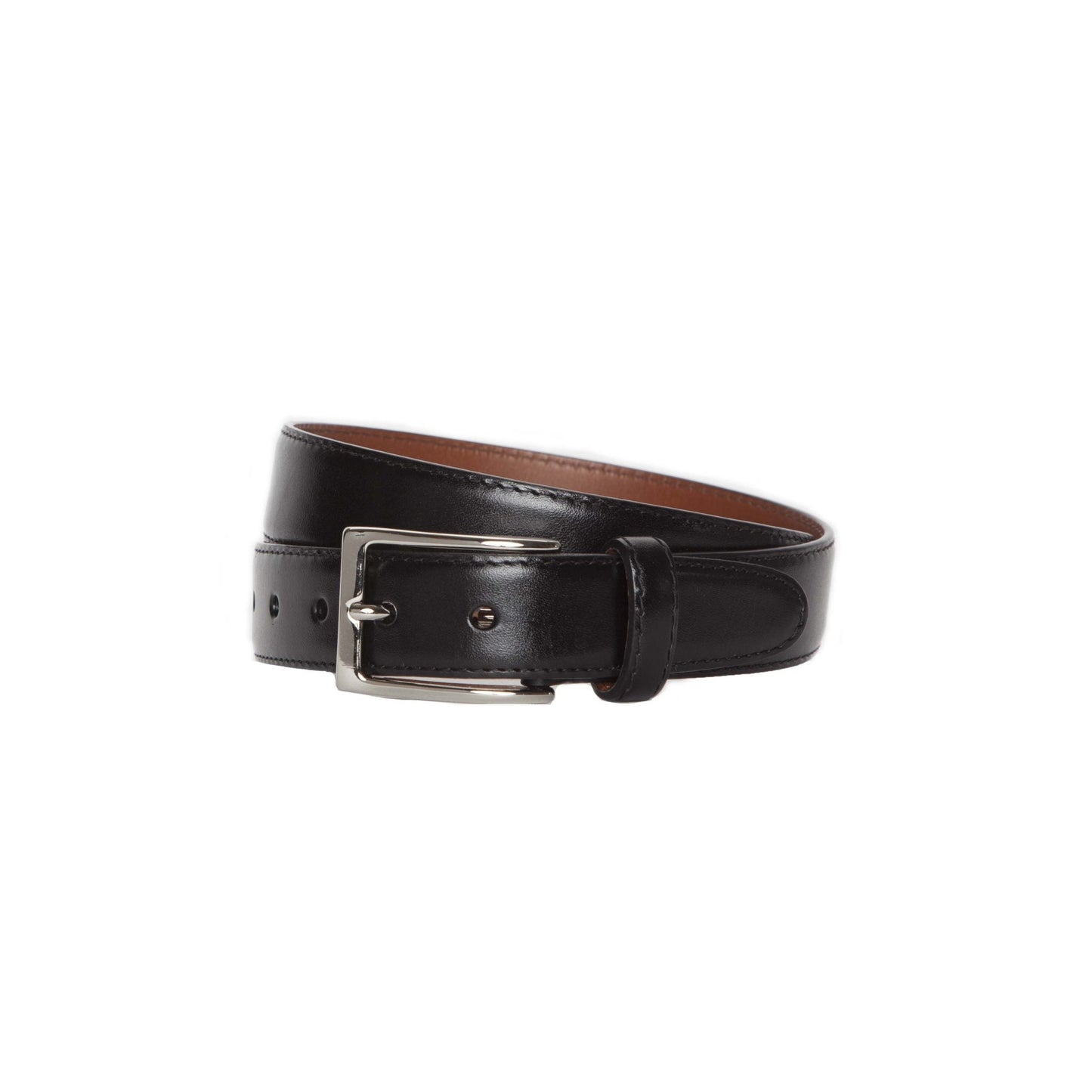 The MB 0111 Calfskin Belt by Alden Madison, featuring a 32mm width and shiny silver buckle, is crafted from black calfskin leather with visible stitching and multiple adjustment holes. It lies coiled on a white background.