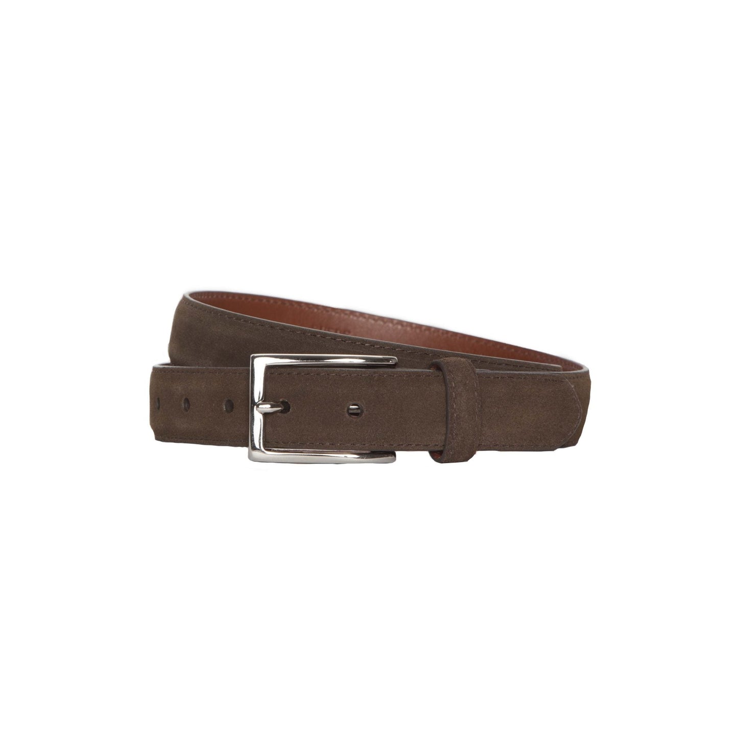 The MB 5215- Brown Suede 35mm belt from Alden Madison, with a nickel buckle and multiple adjustment holes, is elegantly coiled for display.