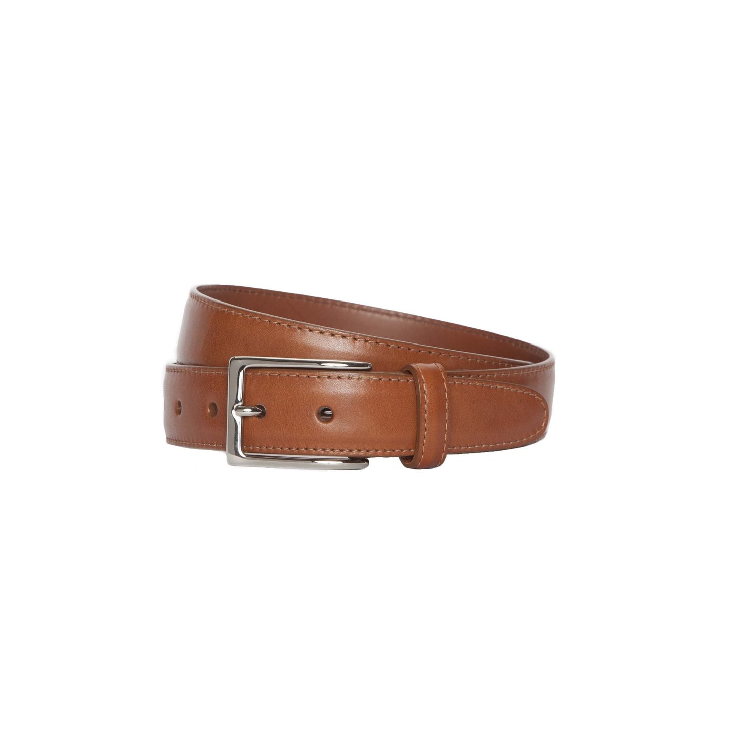 Alden Madisons MB 0113 features a burnished tan calfskin leather belt, 32mm wide, with a silver buckle, elegantly displayed against a pristine white background.