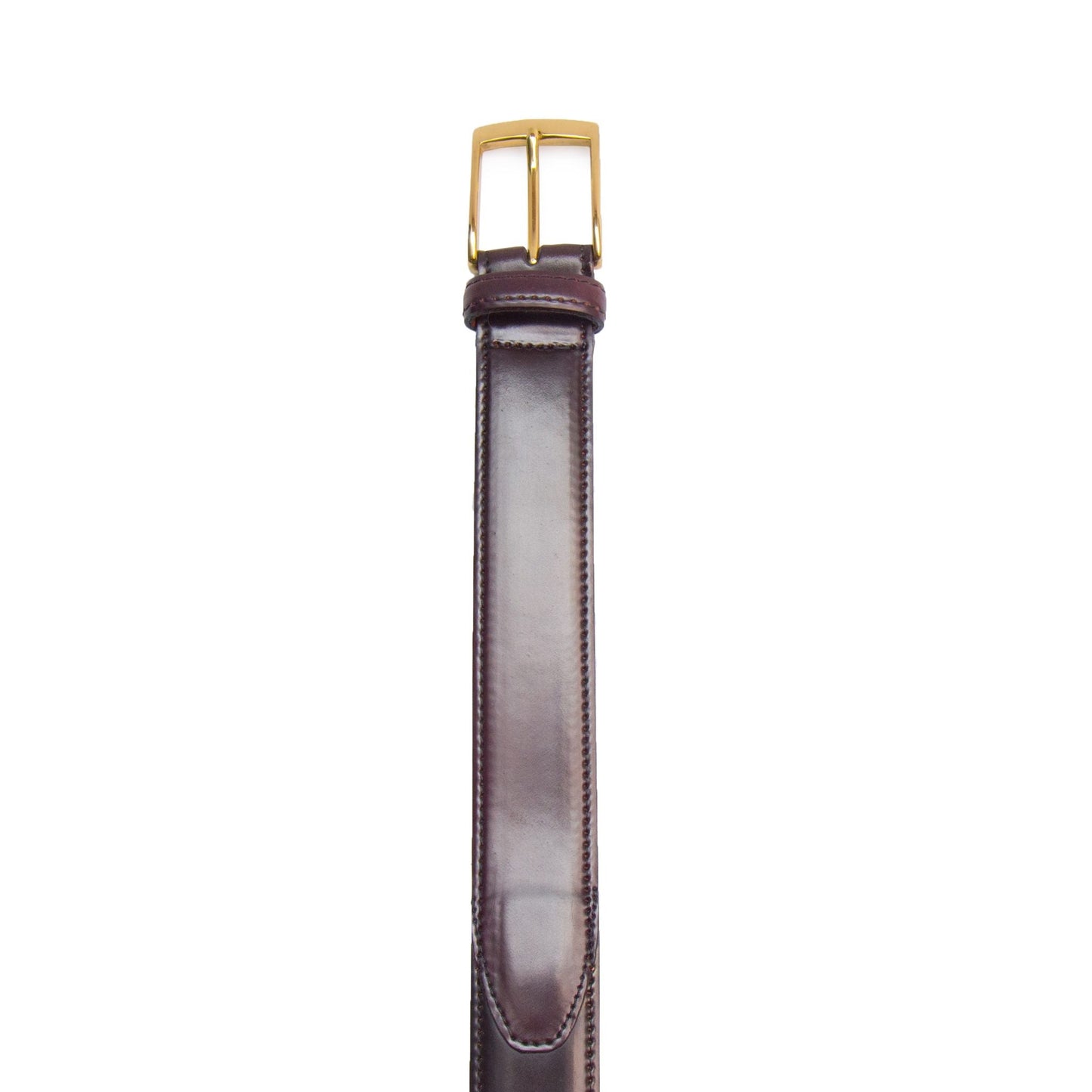 The Alden Madison A502 belt in Color 8, featuring intricate stitching and a robust 35mm gold buckle, is displayed vertically against a pristine white background.