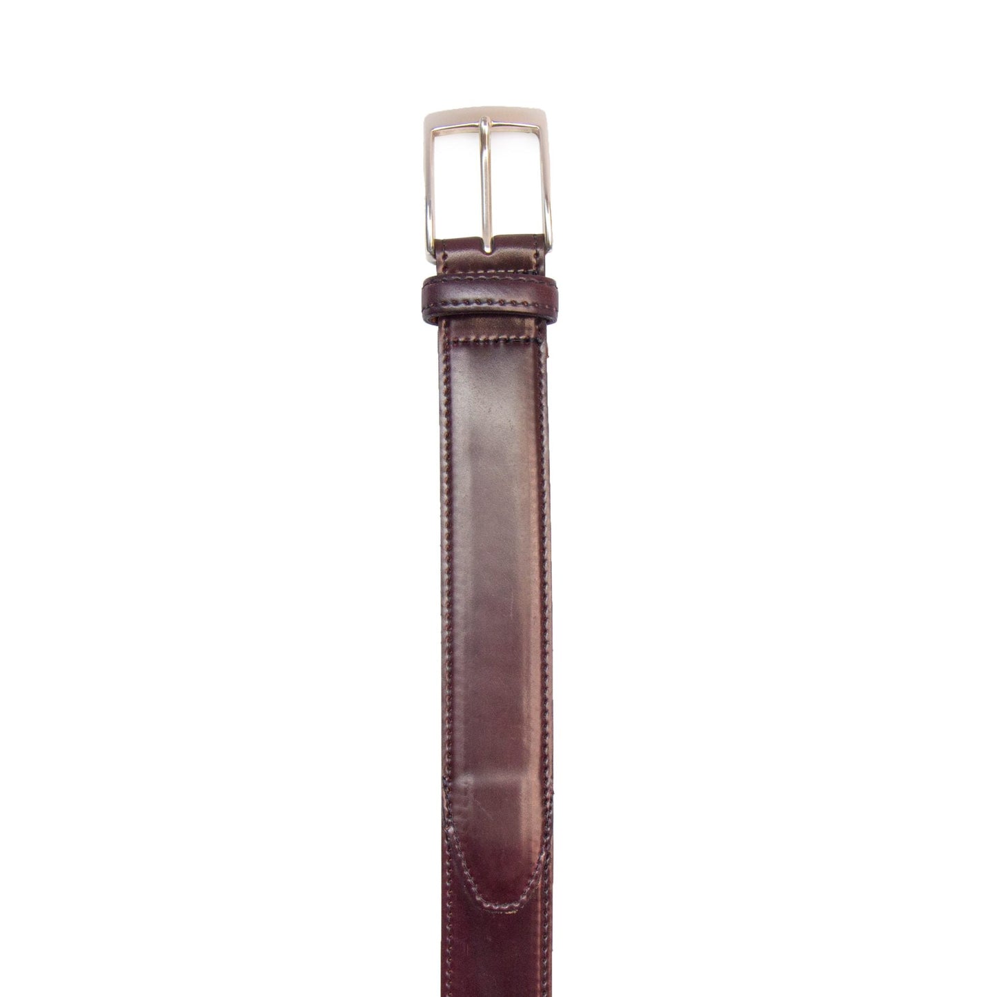 Alden Madisons A501 - Color 8, 35mm belt features Horween Shell Cordovan leather and a nickel buckle, shown vertically on a white background.