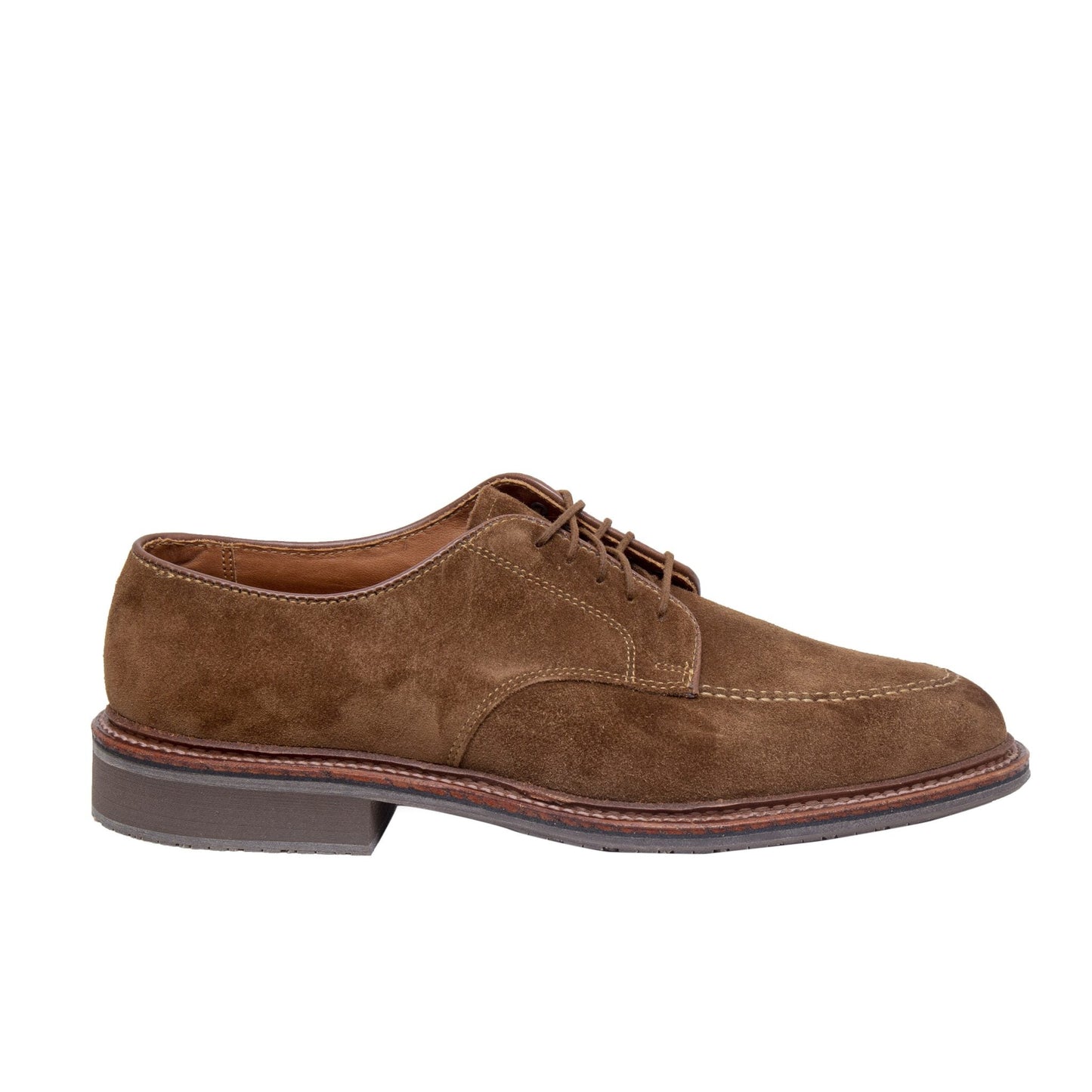 The Alden Madison 702 - Mocc Toe Blucher in Snuff Suede showcases a simple, elegant style with visible laces, reinforced toe, a stacked brown and black heel, and a durable rubber sole. Displayed against a plain white background.