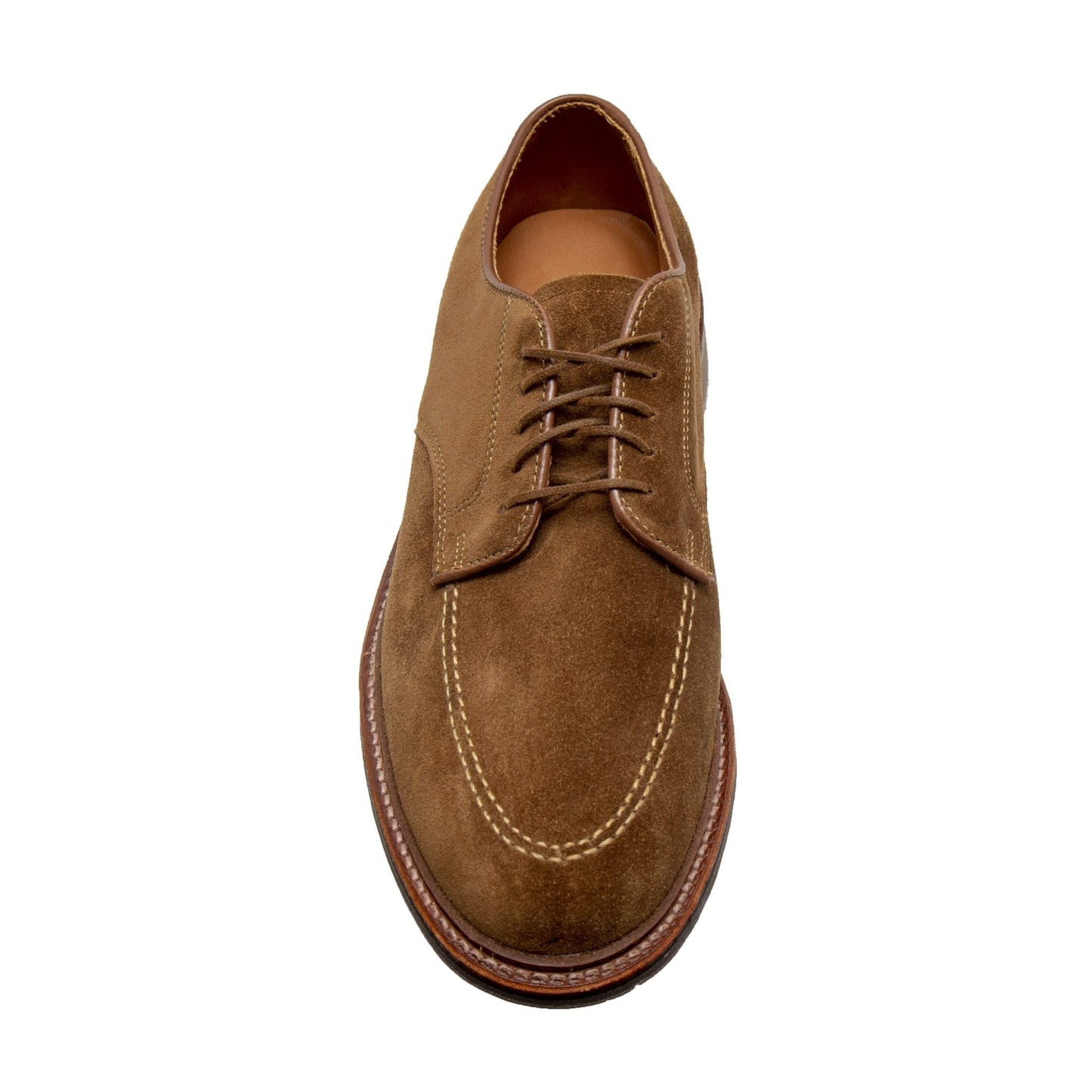 The Alden Madison 702 - Mocc Toe Blucher in Snuff Suede features beige stitching, brown laces, and a leather sole on the Orleans Last, shown from above against a white background.