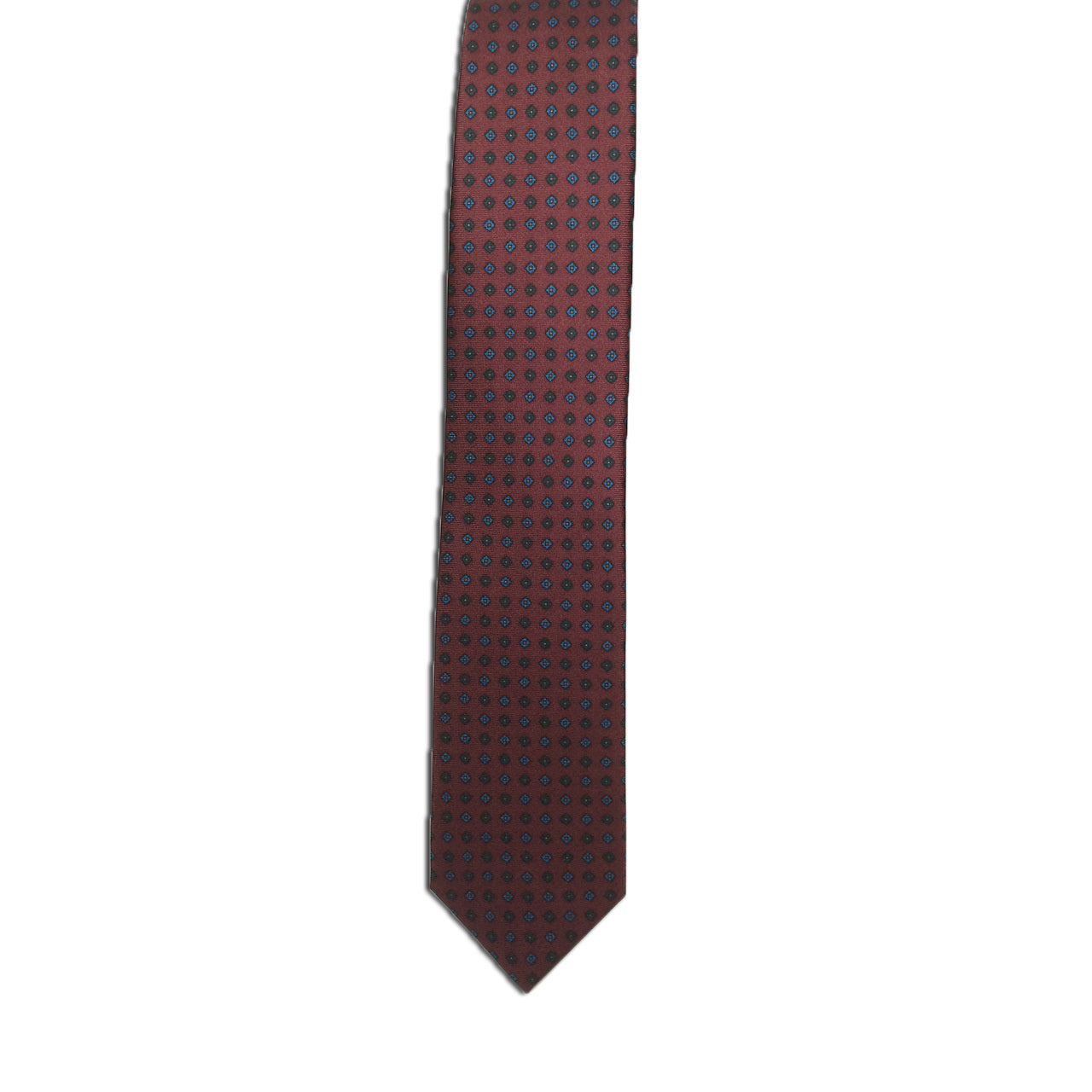 The Wine Diamond Print necktie by Alden Madison, made from fine spun silk, showcases a grid pattern of small blue and black circles on red. The tie tapers to a pointed end, highlighting the elegance of silk neckwear against a plain white background.