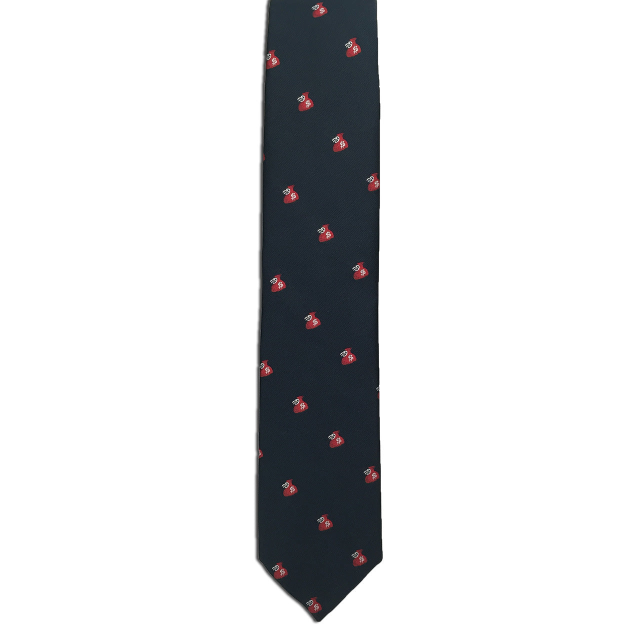 A luxuriously crafted silk twill novelty necktie by Alden Madison, named Money Bags (Red), features a dark background adorned with a pattern of small red baseball hats.