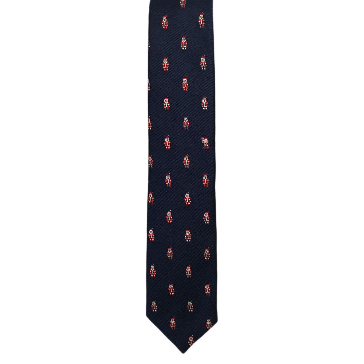 The Mooning Santa necktie by Alden Madison features small red and white rocket ships on fine silk. With a dark blue backdrop, pointed tip, and smooth texture, it adds vintage flair to any ensemble.