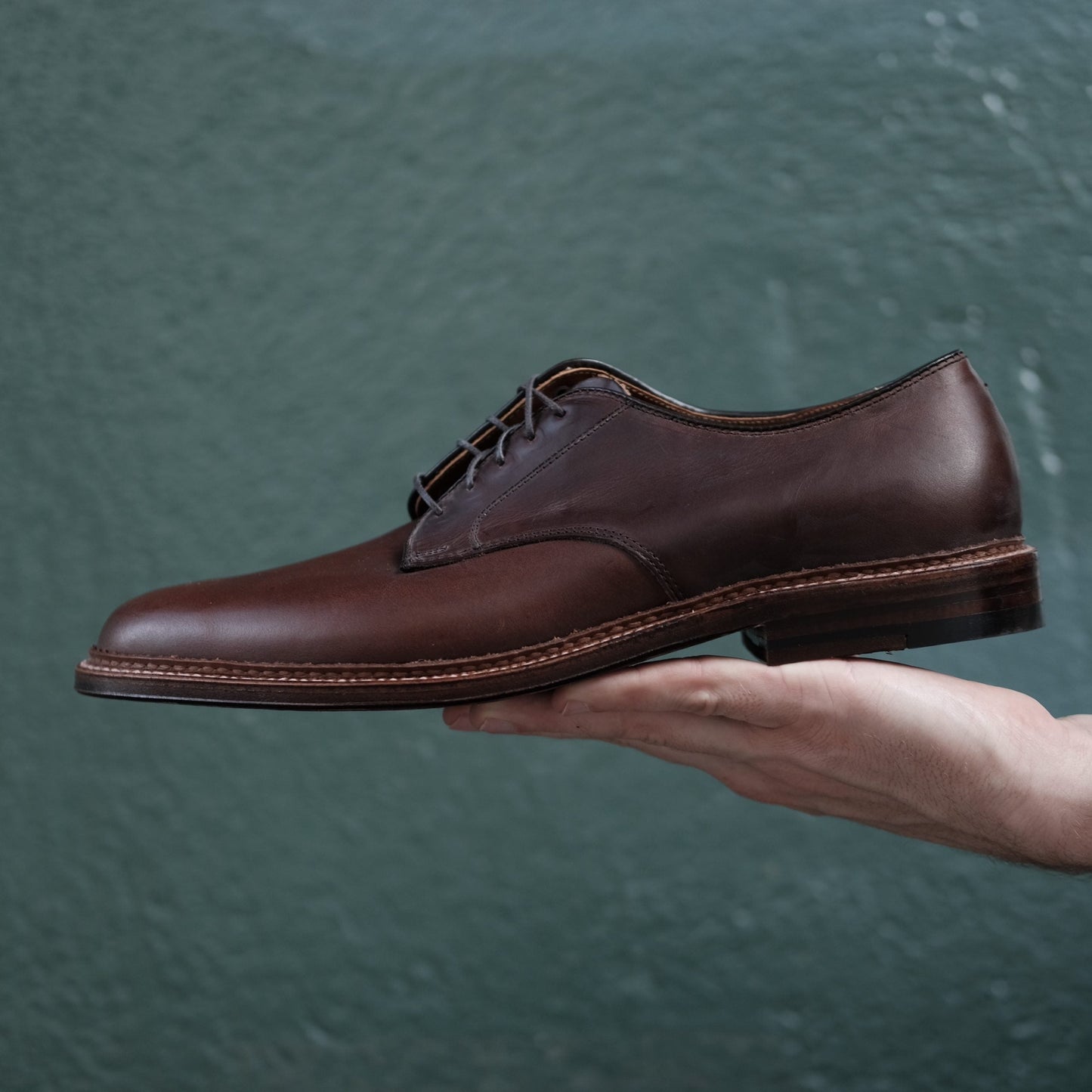 A hand holds up the Alden Madison 29364F - Unlined Plain Toe Dover in Brown Chromexcel, featuring a leather sole, against a green textured background.