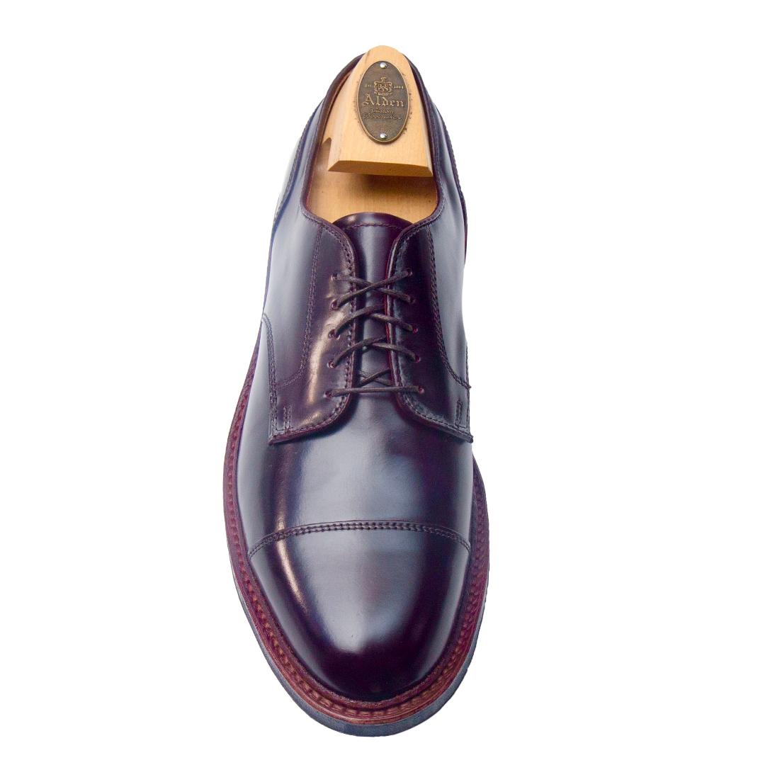 A top-down view of the Alden Madison D8516C - DeRosa Captoe Blucher in Color 8 Shell shows a single dark brown leather shoe with polished finish, antique edge, lace-up design, cap toe, and a light brown insole with visible label.