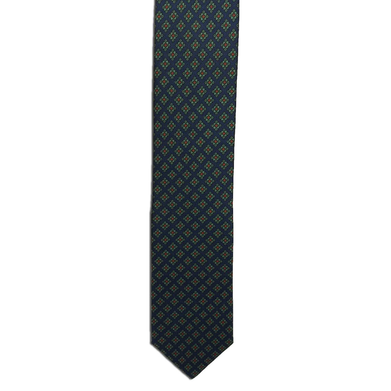 This Alden Madison necktie, Navy Small Print, features a luxurious design with yellow geometric shapes and red centers on a dark green background. Crafted in a renowned NYC atelier, it exudes timeless elegance reminiscent of ancient madder ties.