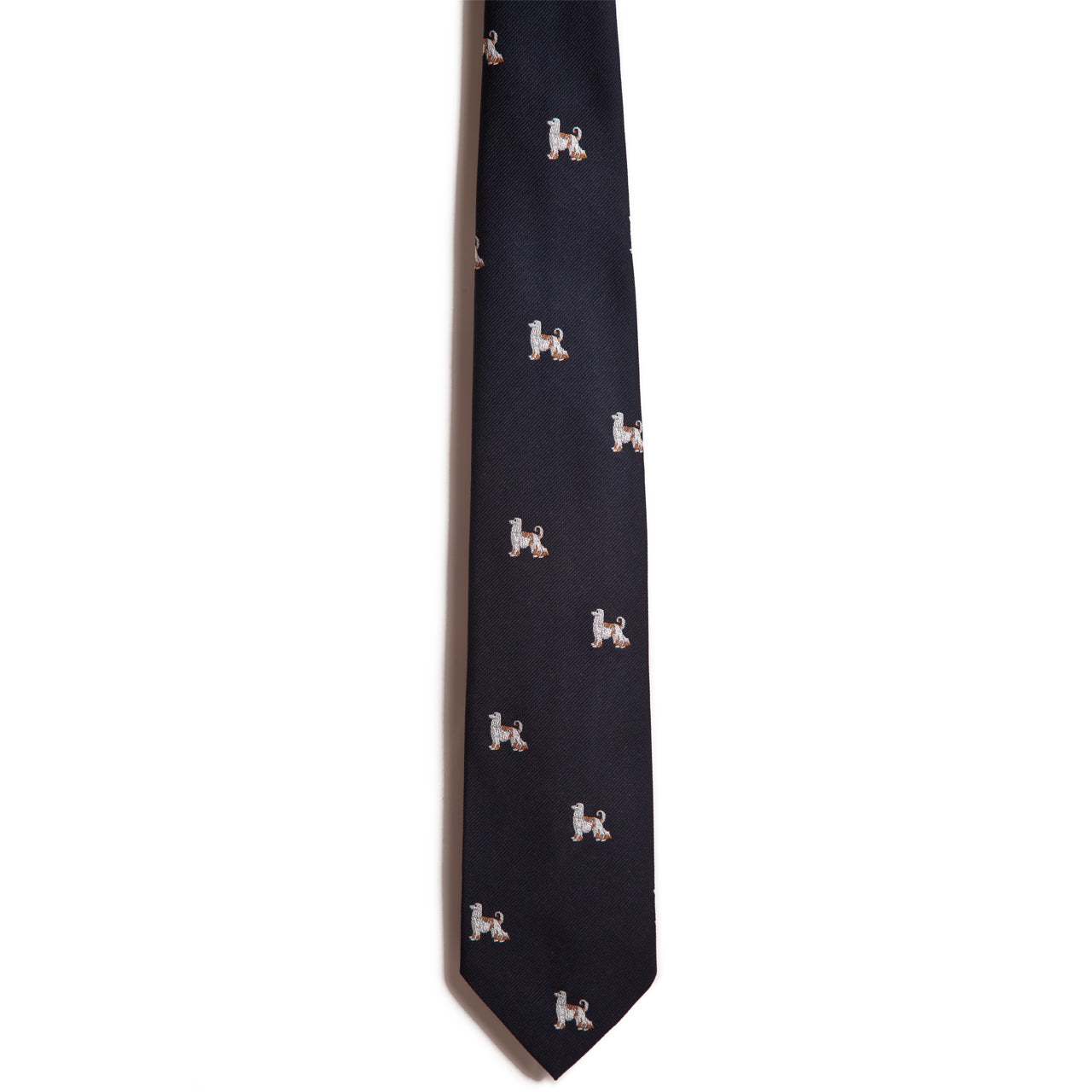 Introducing the Alden Madison Afgan Hound tie, a jacquard masterpiece made from 100% silk in dark blue. It features an elegant pattern of light brown and white embroidered dog motifs on a refined plain background.
