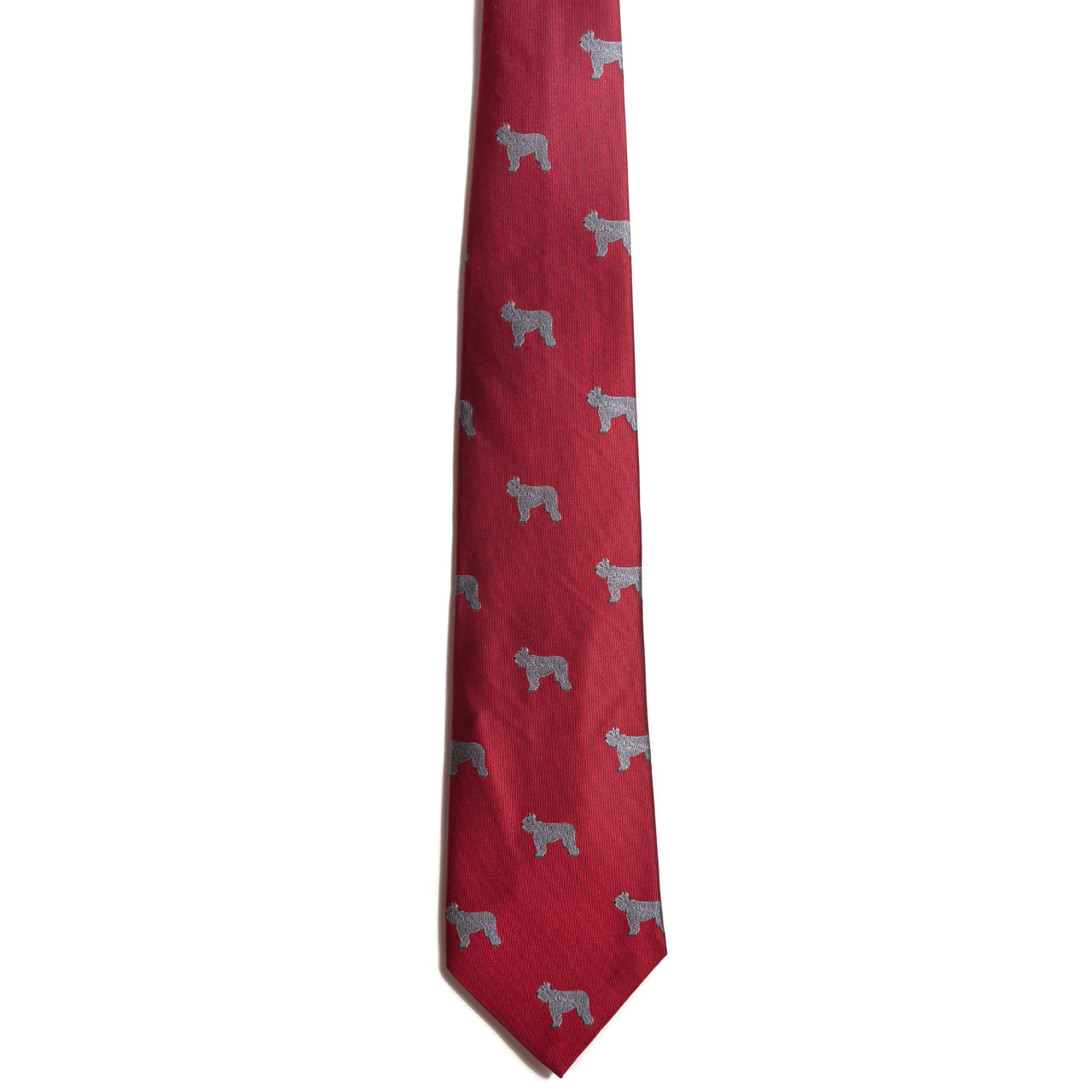 The Alden Madison Bouvier Des Flanders red necktie features a charming jacquard pattern of small grey Bouvier Des Flandres dogs embroidered evenly across the fabric.