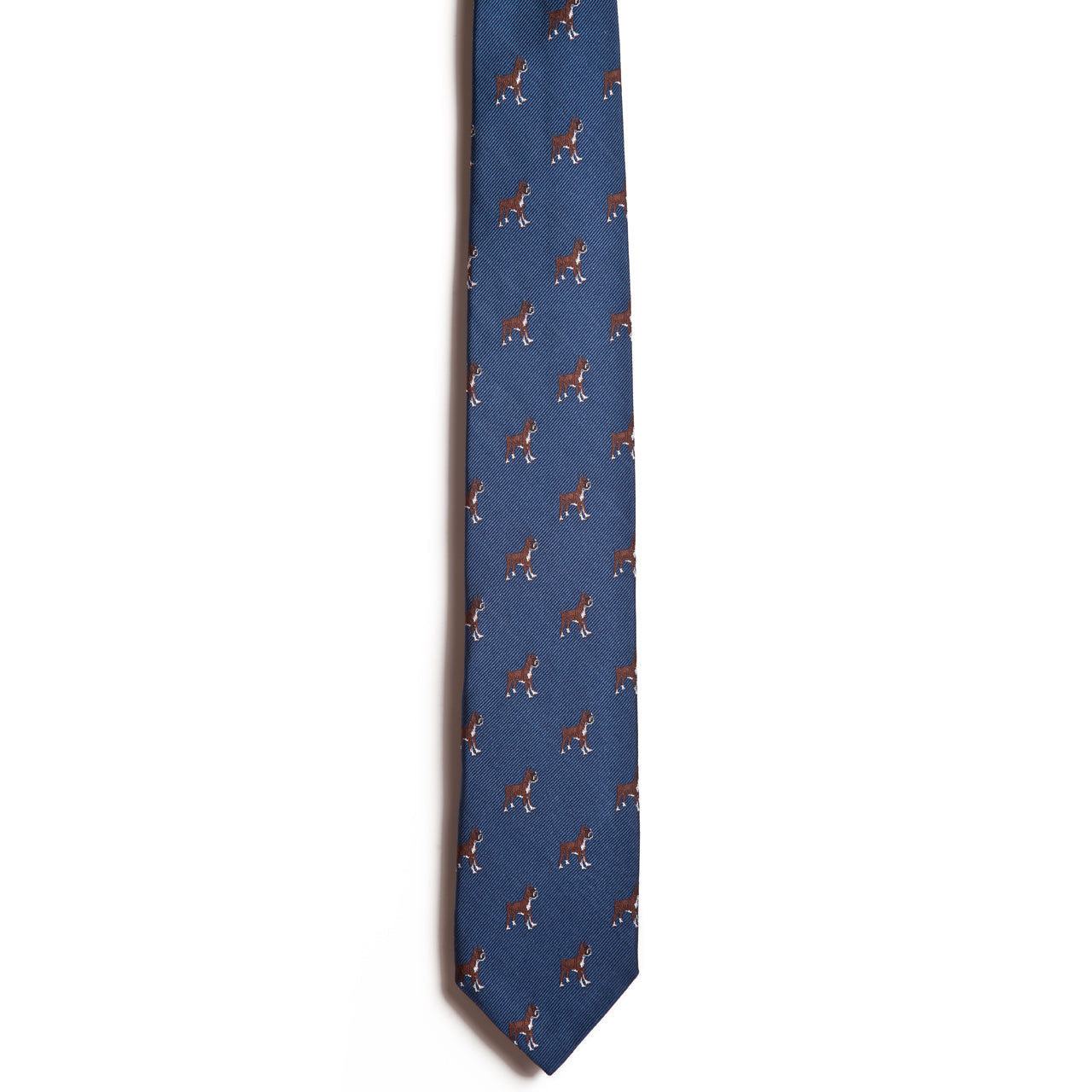 The Alden Madison Boxer is a blue silk necktie with a pattern of small, brown and white boxers evenly spaced on the fabric—ideal for those who love unique dog breed ties. Shown against a white background.