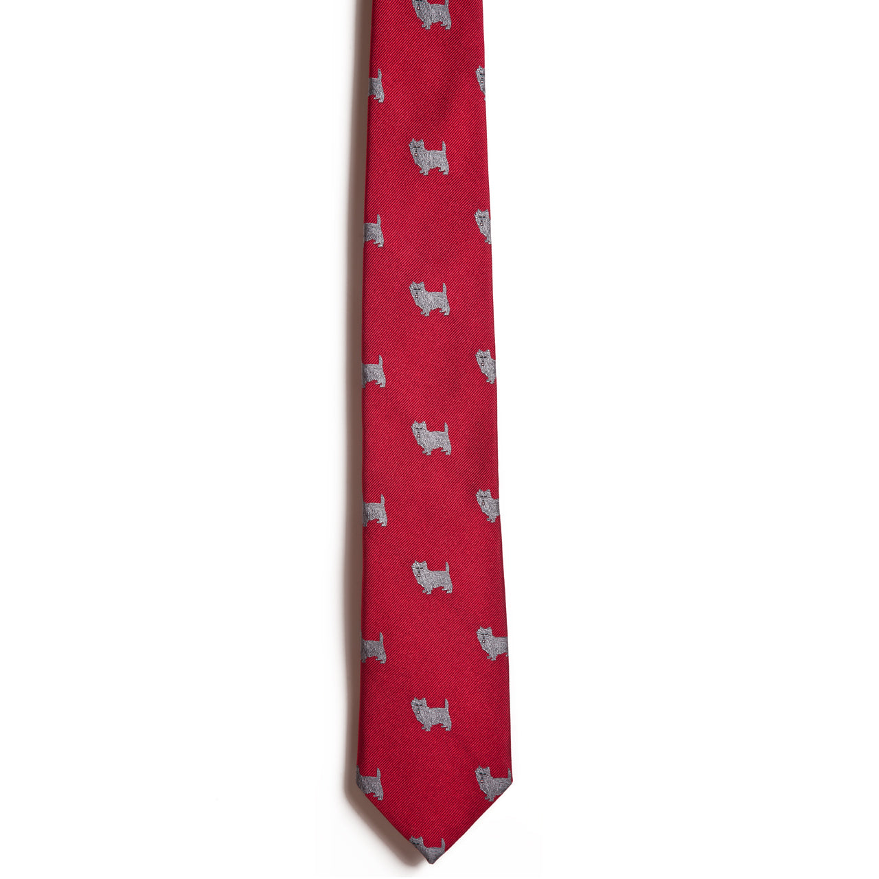 This 100% silk Cairn Terrier tie by Alden Madison features a pattern of small grey dog silhouettes on a red background, reminiscent of a Chipp Kennel Club design, highlighting its refined elegance.