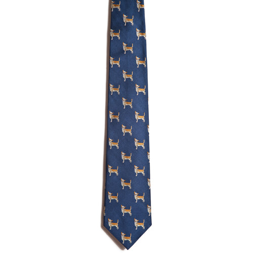 The Alden Madison Chihuahua is a blue silk necktie featuring evenly spaced tan and white Chihuahua illustrations—great for dog breed necktie enthusiasts.