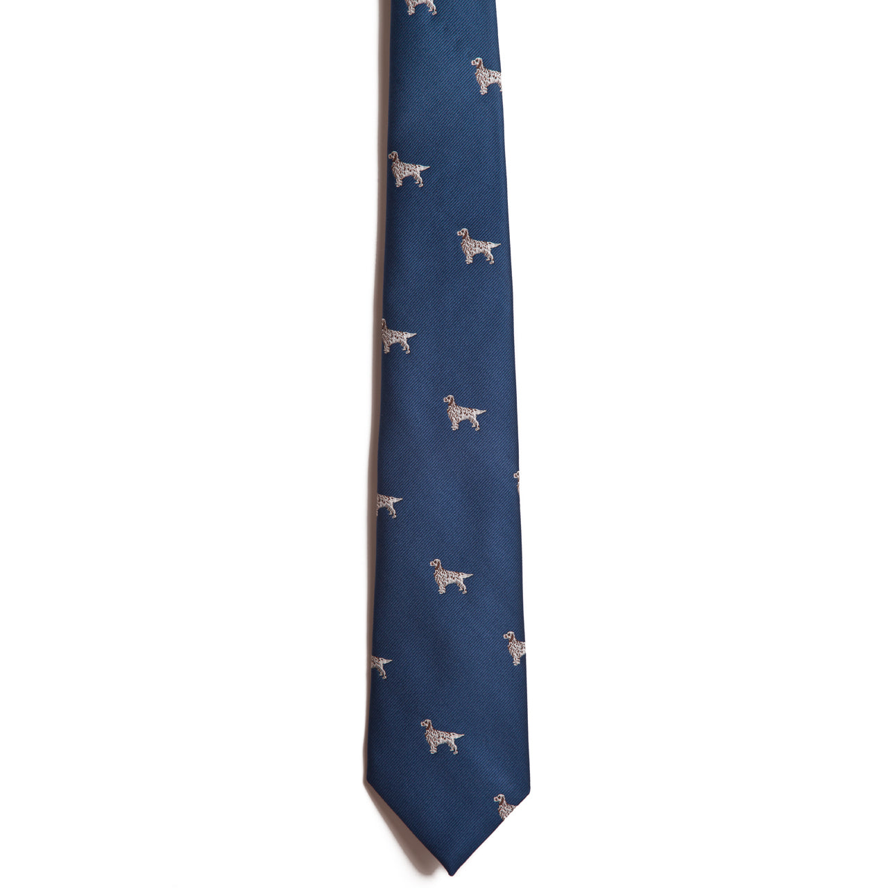 The Alden Madison English Setter is a dark blue silk dog tie with a repeating pattern of small embroidered English Setters, shown against a white background.
