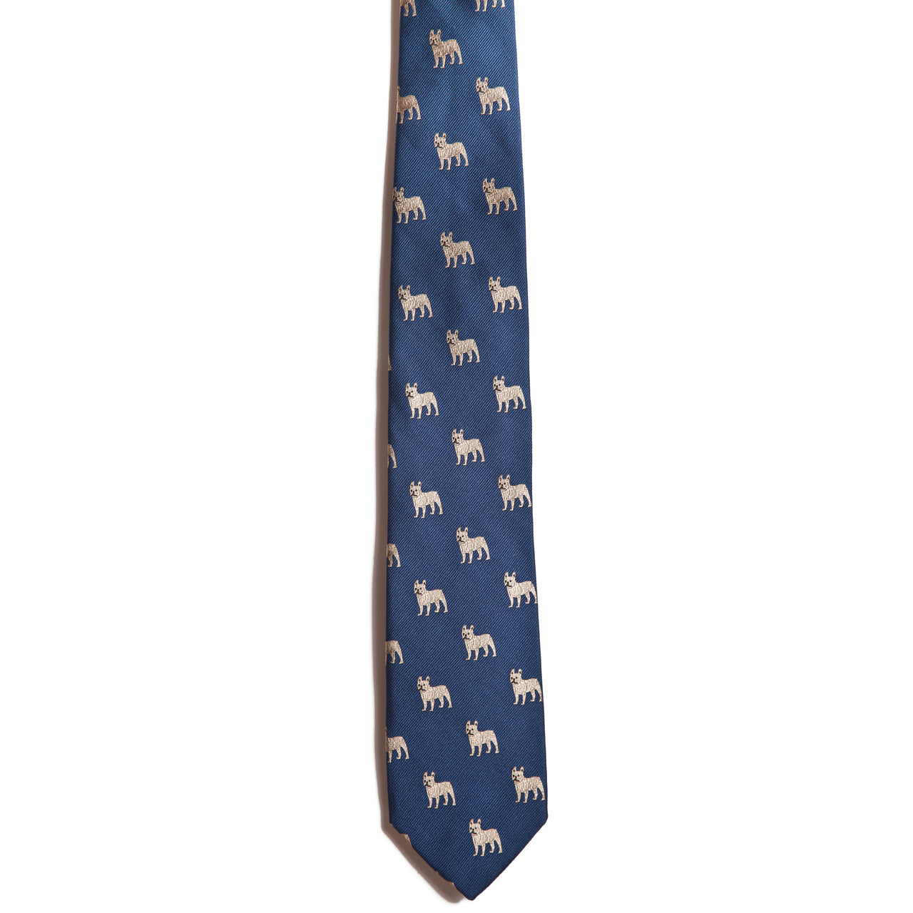 The Alden Madison French Bulldog tie is crafted in 100% silk, featuring a chic blue design with a repeating pattern of small embroidered French Bulldogs using exquisite jacquarding technique.
