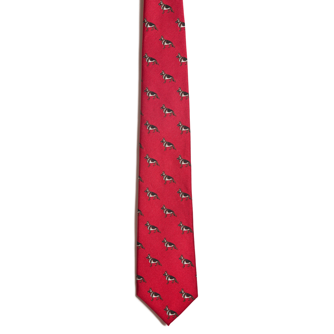 The Alden Madison German Shepherd is a red silk necktie with a diagonal pattern of small horse and jockey illustrations—ideal for those who value classic style, just like a German Shepherd tie.