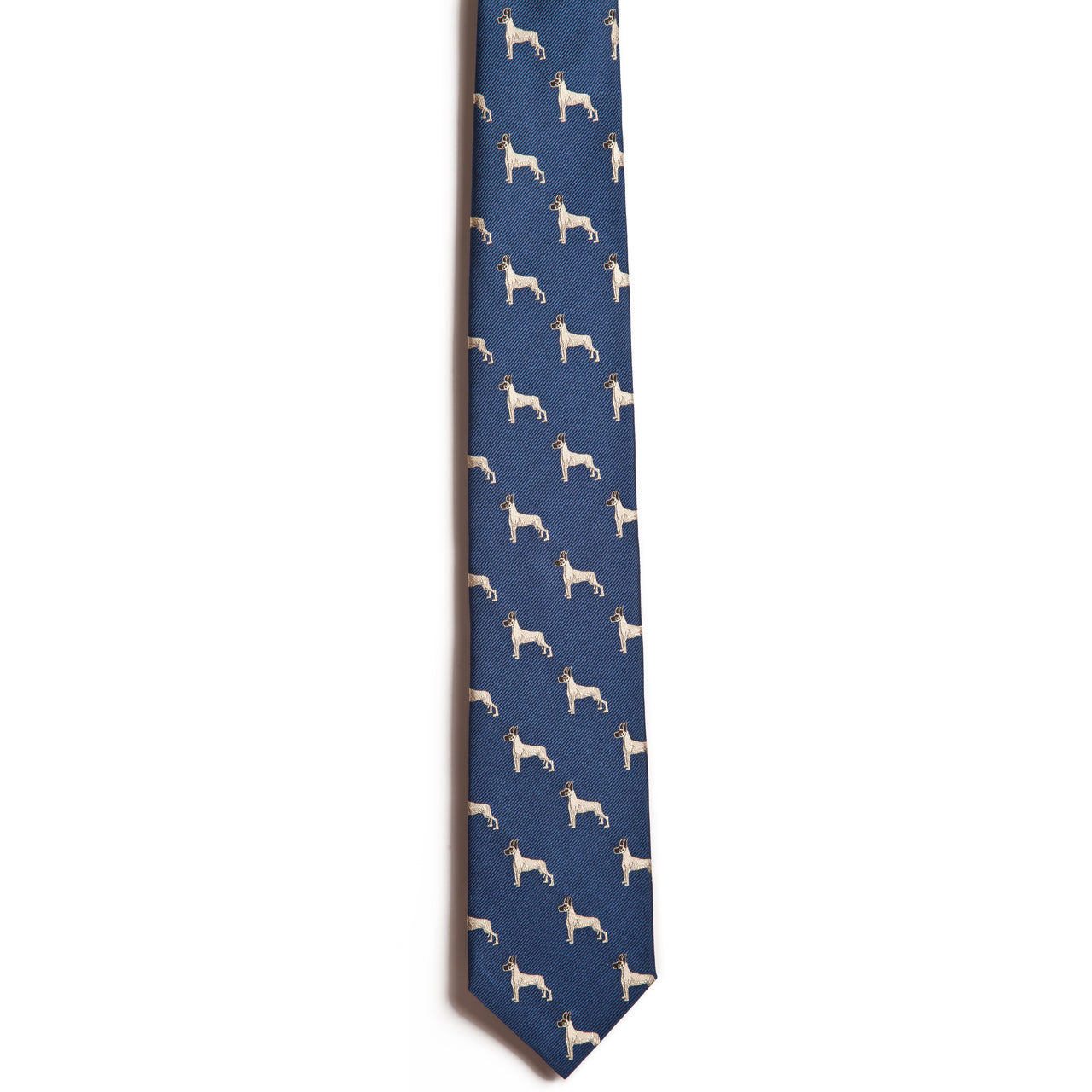 The Alden Madison Great Dane necktie is a blue jacquard silk tie with a repeating pattern of small white Great Danes—ideal for any dog lover seeking a stylish breed-themed accessory.