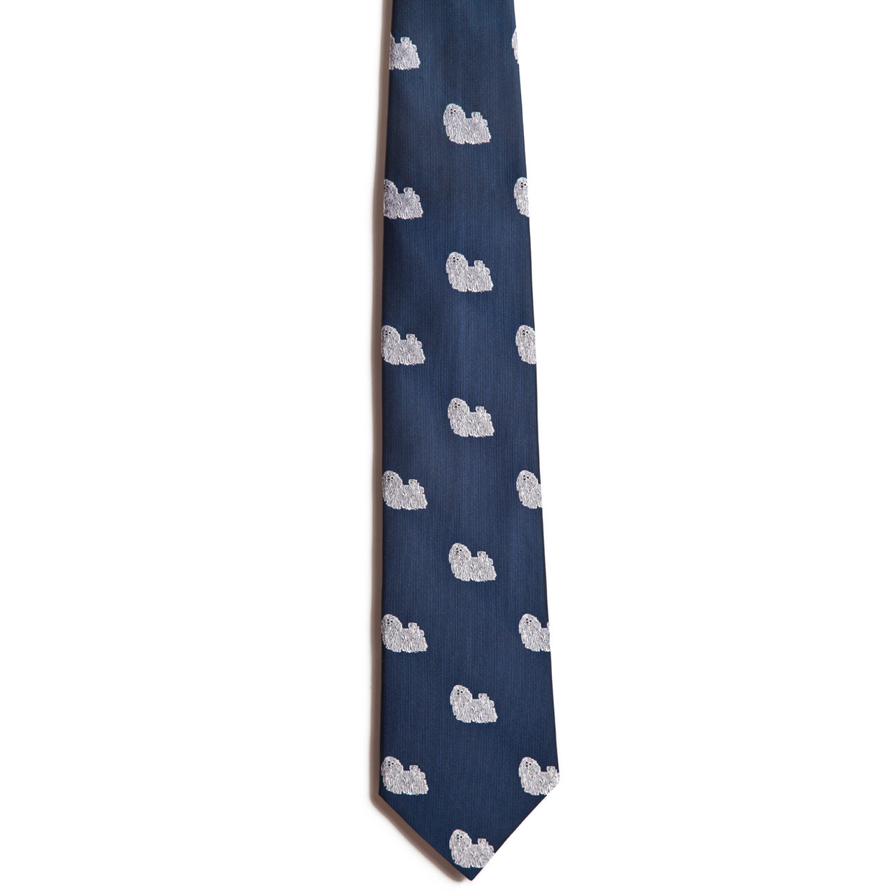 The Alden Madison Maltese necktie is a dark blue silk jacquard with a repeating small white cloud pattern, shown on a white background.