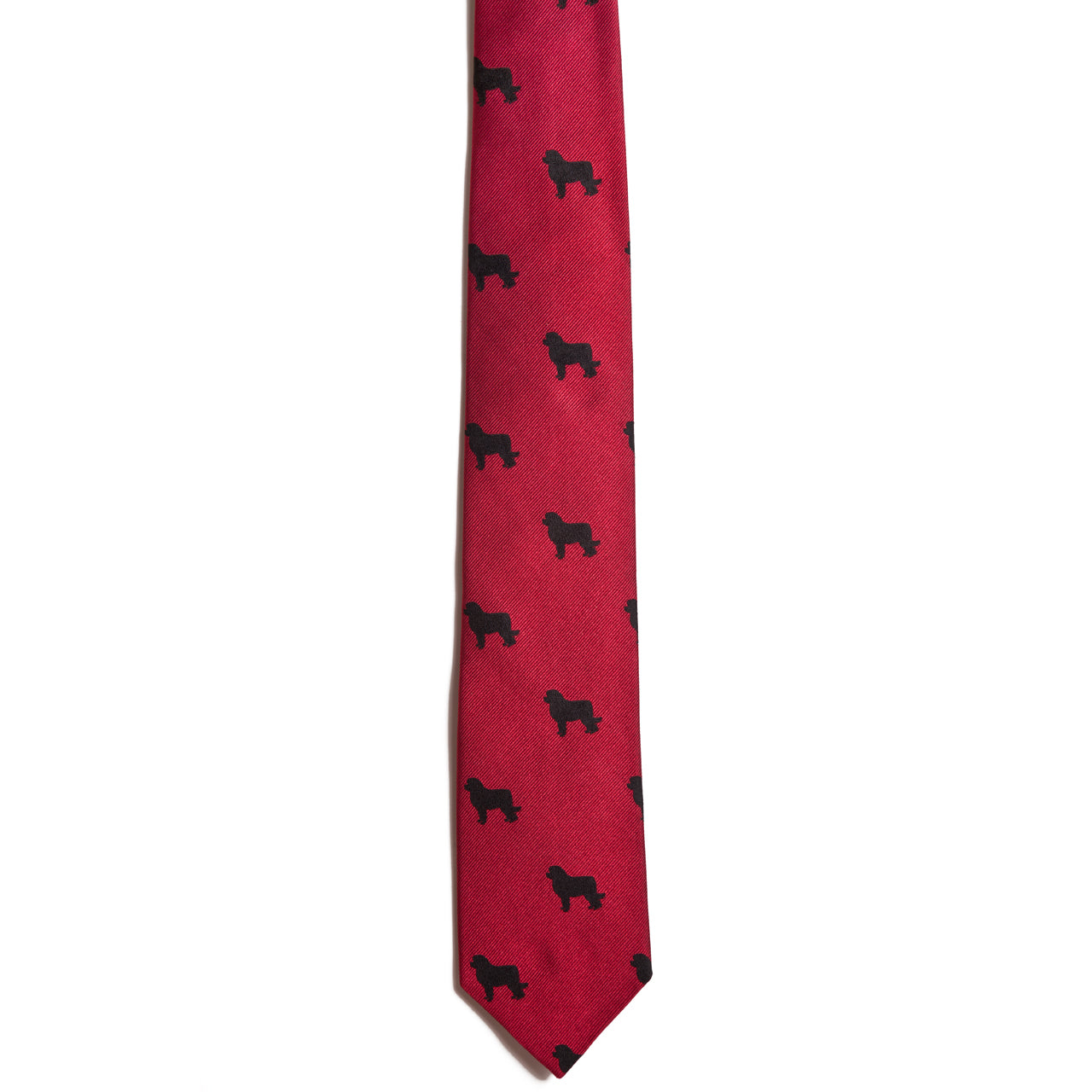 The Alden Madison Newfoundland tie is crafted from 100% silk, featuring a red base with jacquarded small black gorilla silhouettes, elegantly displayed against a plain white background.
