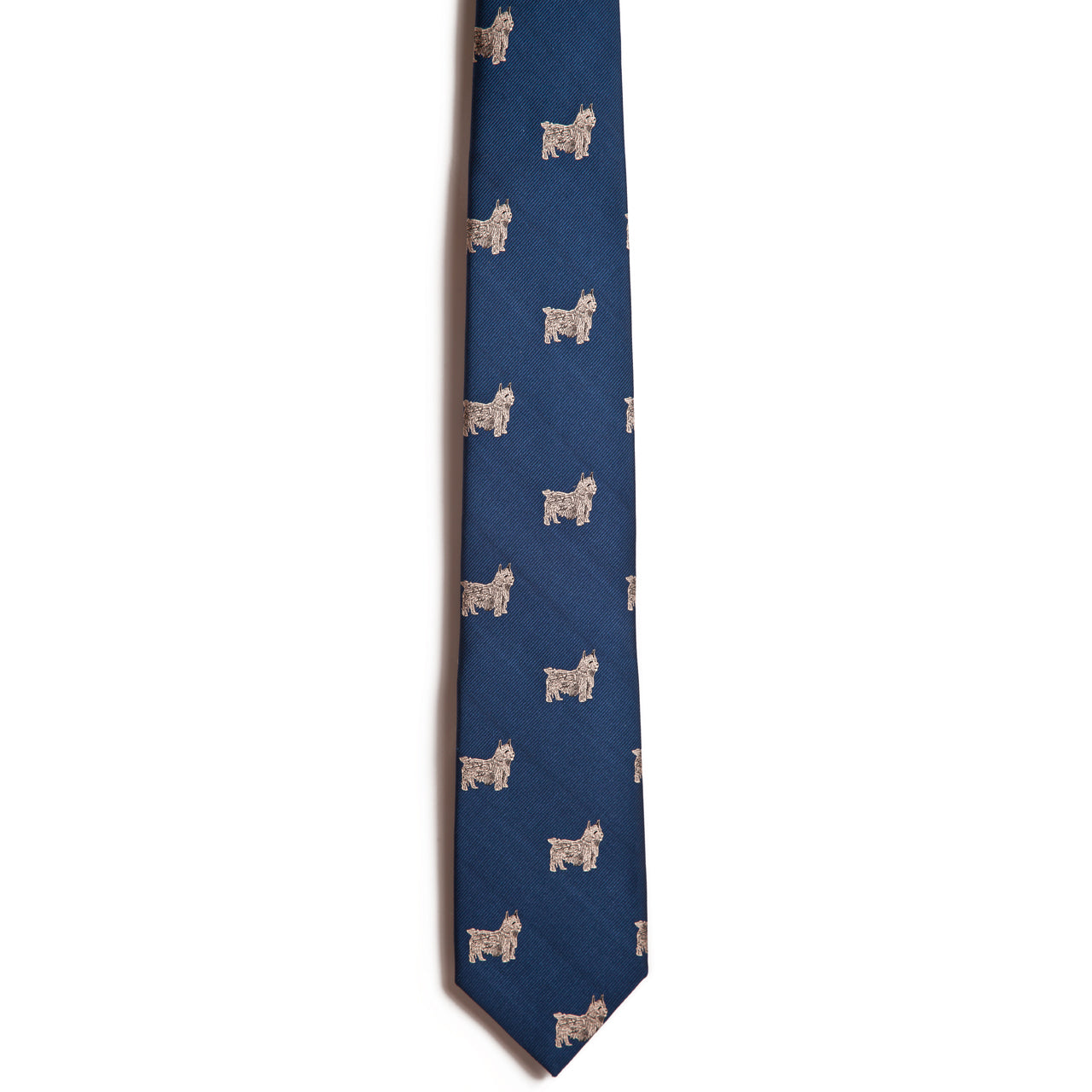 The Alden Madison Norwich Terrier necktie, crafted from 100% silk with intricate jacquarding, showcases small standing Norwich Terriers. These light-colored dogs elegantly contrast against the deep blue background, making it a sophisticated accessory.
