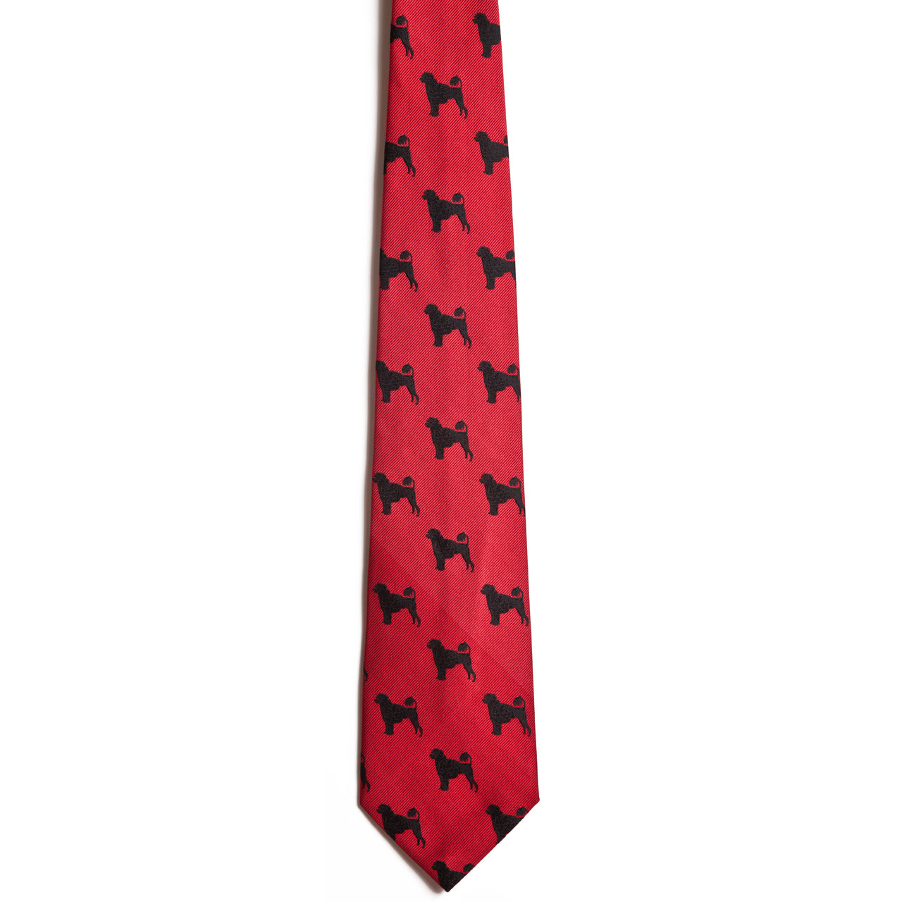 The Alden Madison Portuguese Waterdog is a red silk jacquard tie with a repeating pattern of small black Portuguese Waterdogs—an ideal addition to any dog breed necktie collection.