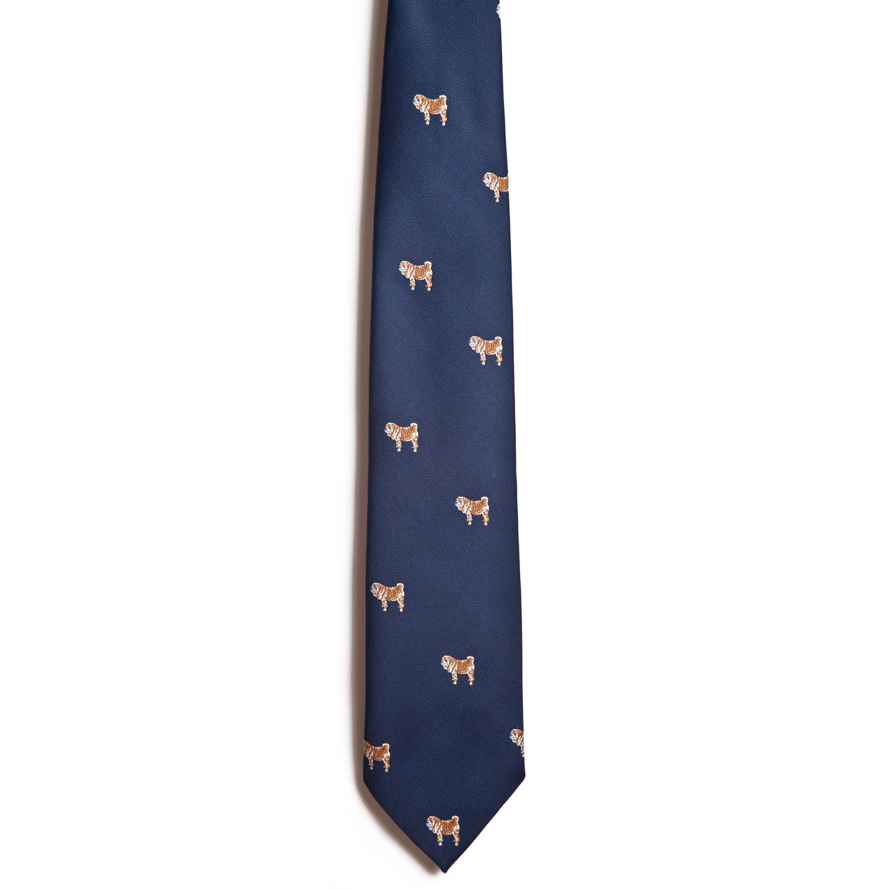 Alden Madison’s Shar Pei tie is a navy blue silk necktie with a repeating pattern of small, embroidered brown and white Shar Pei dogs, shown against a plain white background.