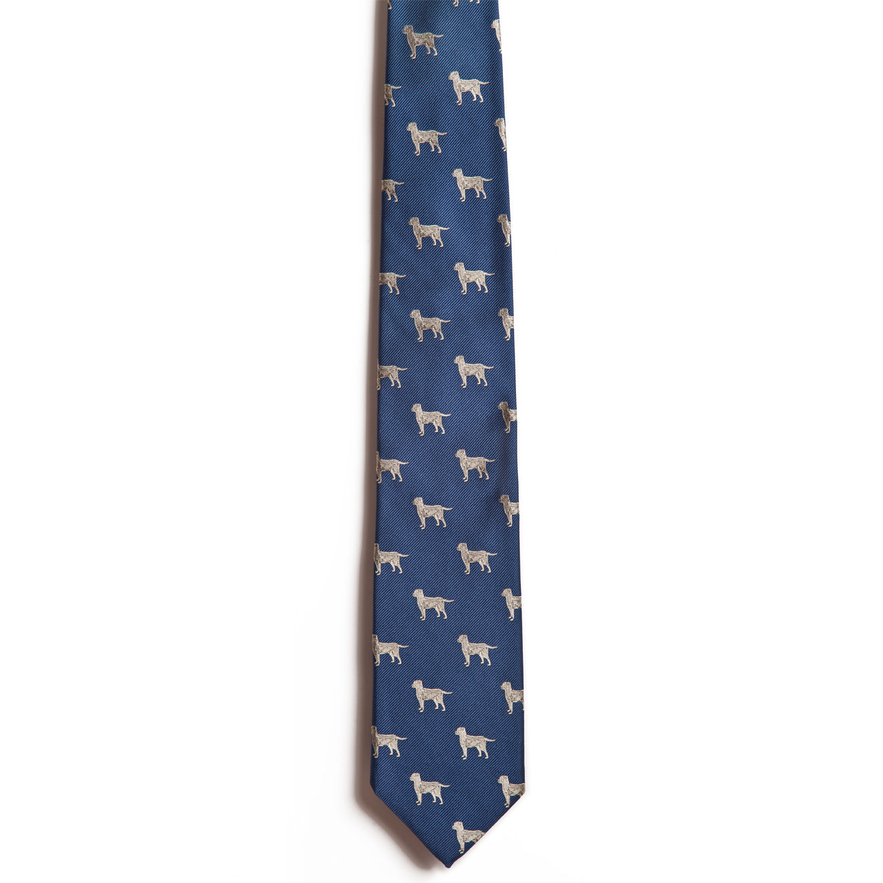 The Alden Madison Yellow Labrador Retriever tie features a blue jacquard design with evenly spaced light-colored Yellow Labrador Retriever illustrations for a stylish dog breed necktie.