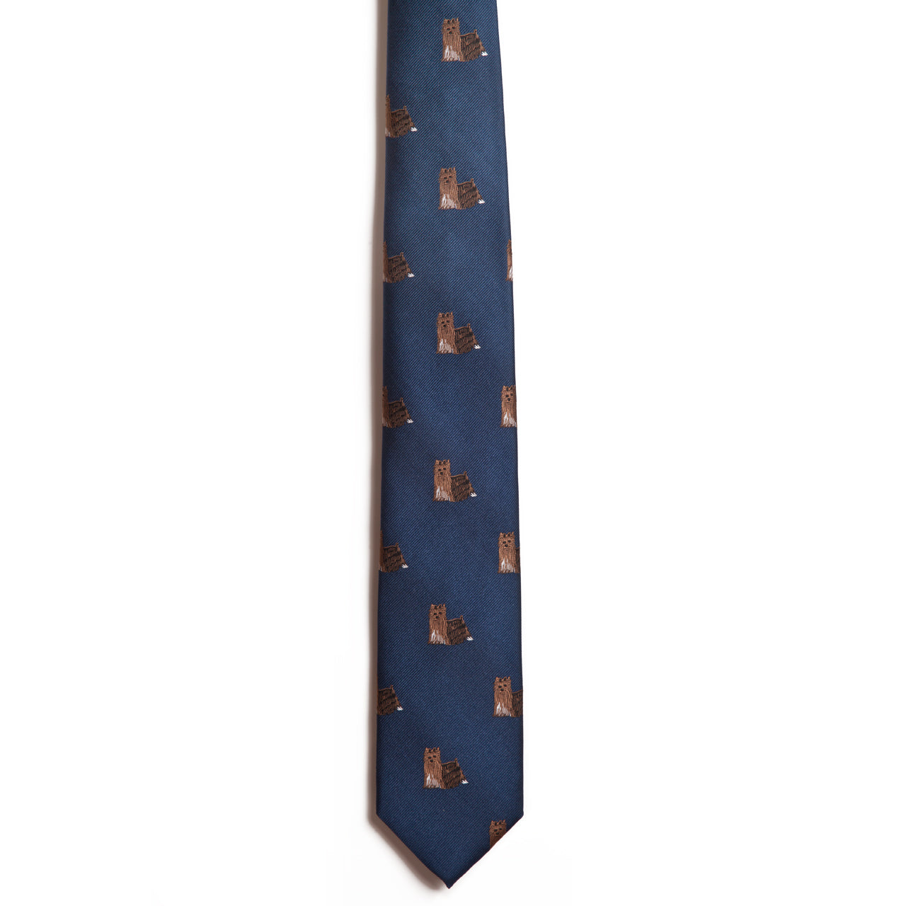 This elegant Alden Madison tie, named Yorkshire Terrier, is crafted from 100% silk and showcases a refined dark blue pattern with small brown terrier images intricately woven over a simple white background.