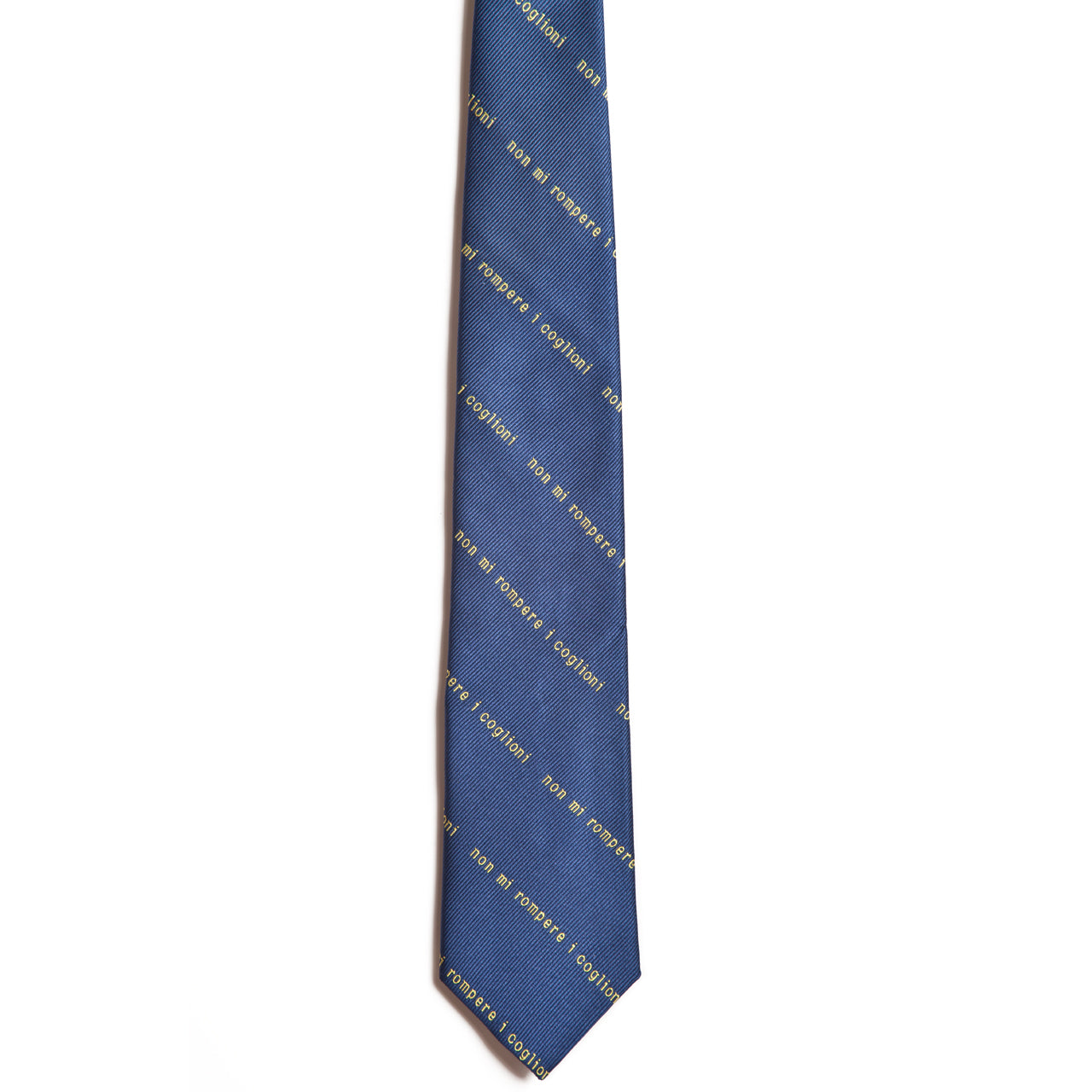 A 100% silk novelty necktie by Alden Madison, titled An Italian Colloquial Expression Dont Bust My Balls, in blue with diagonal yellow revenge text, blending vintage and modern styles against a plain white background.