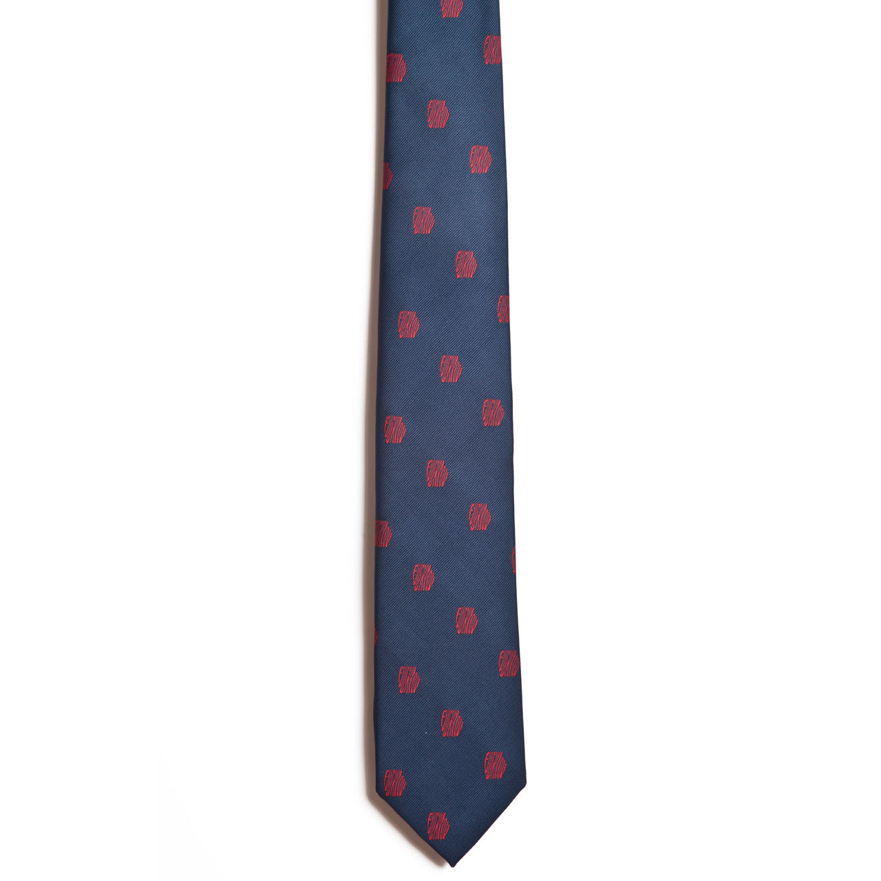 The Alden Madison Look Closlely Tie (Red) - F* Y is a navy blue silk necktie with evenly spaced red hexagonal patterns, shown on a white background—a bold pick for vintage necktie lovers.