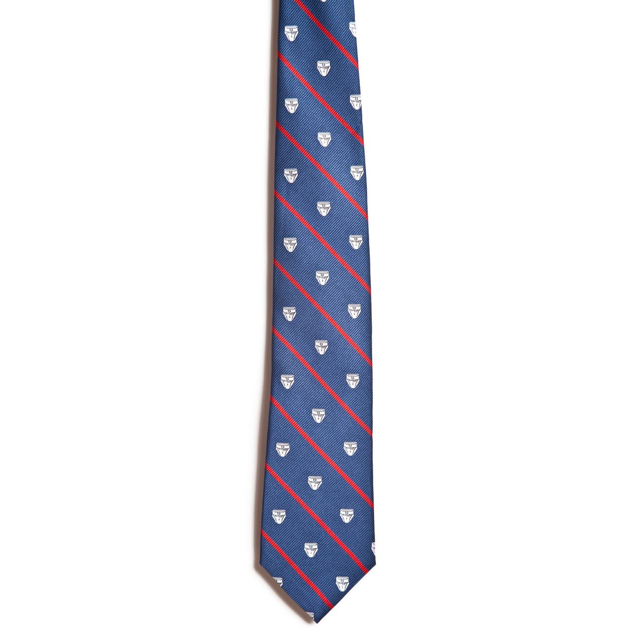 The Alden Madison Be An Athletic Supporter Jock Strap Tie is a 100% silk blue necktie with diagonal red stripes and white shield emblems, shown on a plain white background—ideal for fans of vintage style.