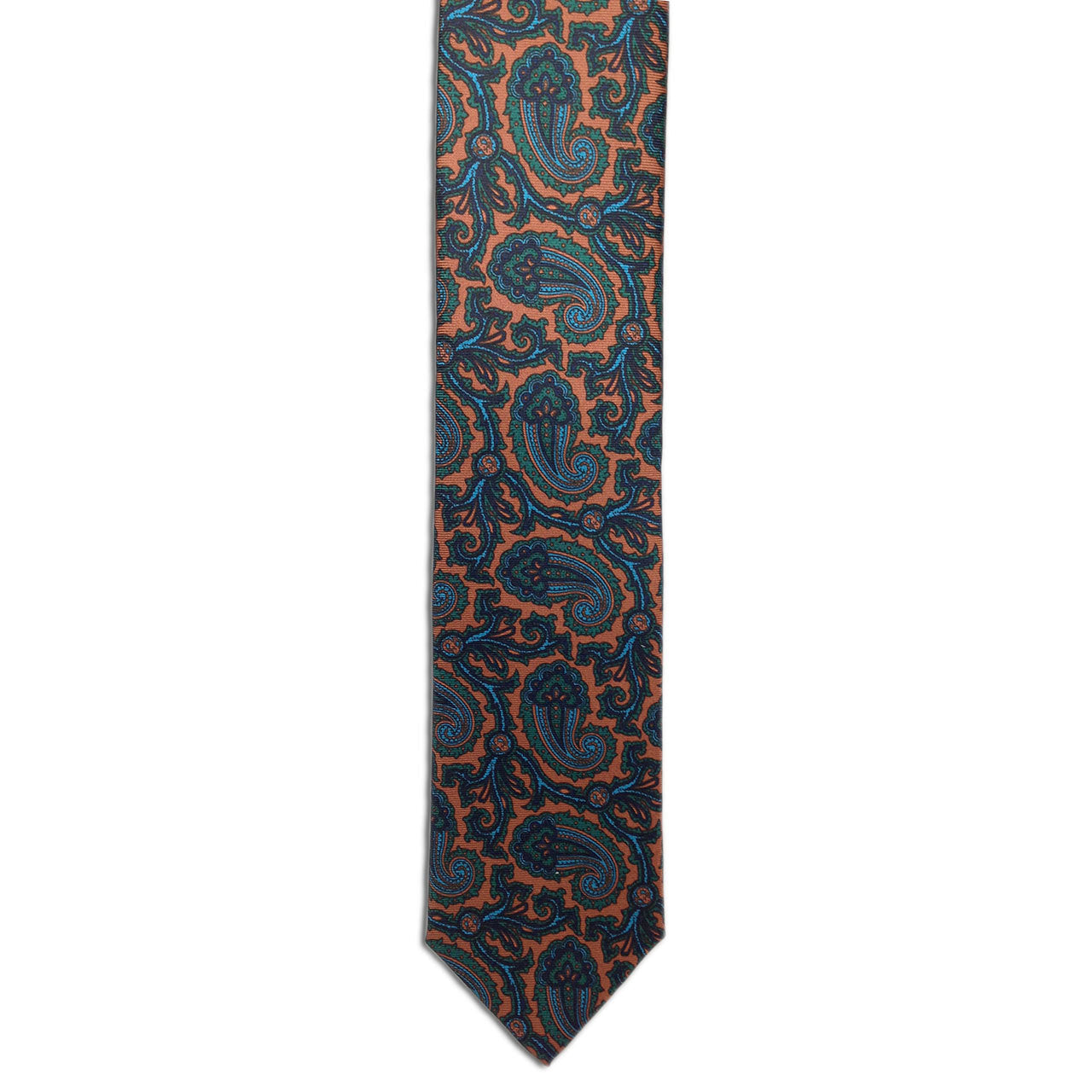 The Alden Madison Rust Paisley Print is a silk neckwear piece featuring a paisley pattern in rust tones, displayed against a white backdrop.