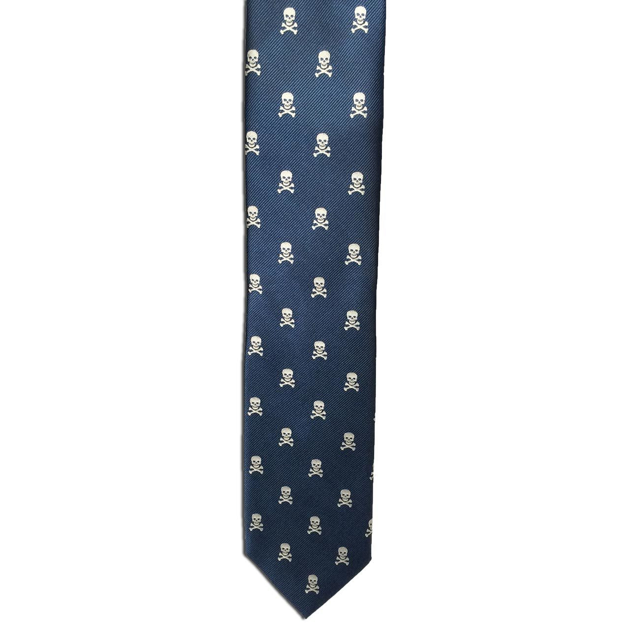 The Alden Madison Skull & Bones 100% silk blue necktie features a vintage design with a white skull and crossbones pattern, offering a stylish flair to your novelty collection.