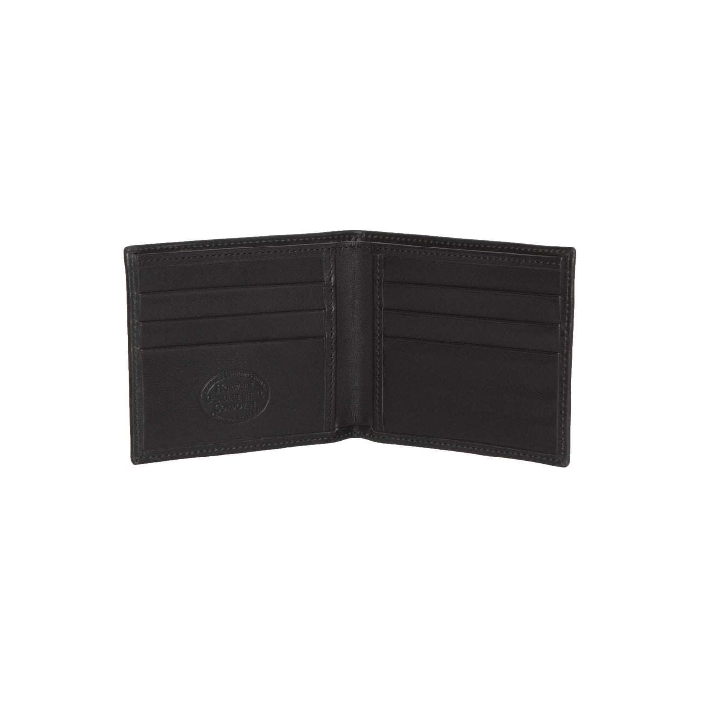 The Black Shell Cordovan Wallet by Alden Madison is an open, single-fold leather wallet with 6 card slots on both sides. It features an embossed logo inside and detailed edge stitching, all set against a plain white background to highlight its sleek design.