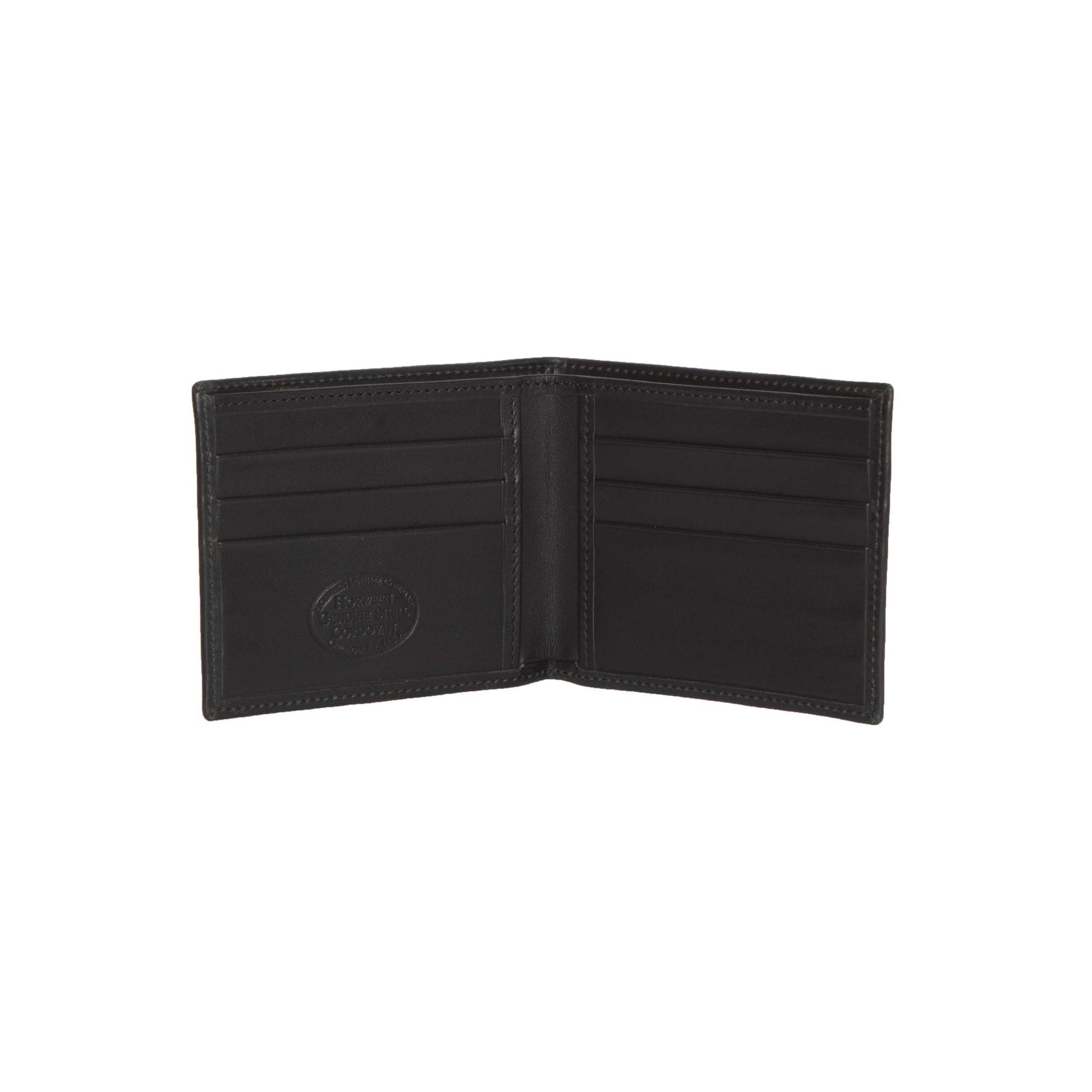 The Black Shell Cordovan Wallet by Alden Madison is an open, single-fold leather wallet with 6 card slots on both sides. It features an embossed logo inside and detailed edge stitching, all set against a plain white background to highlight its sleek design.