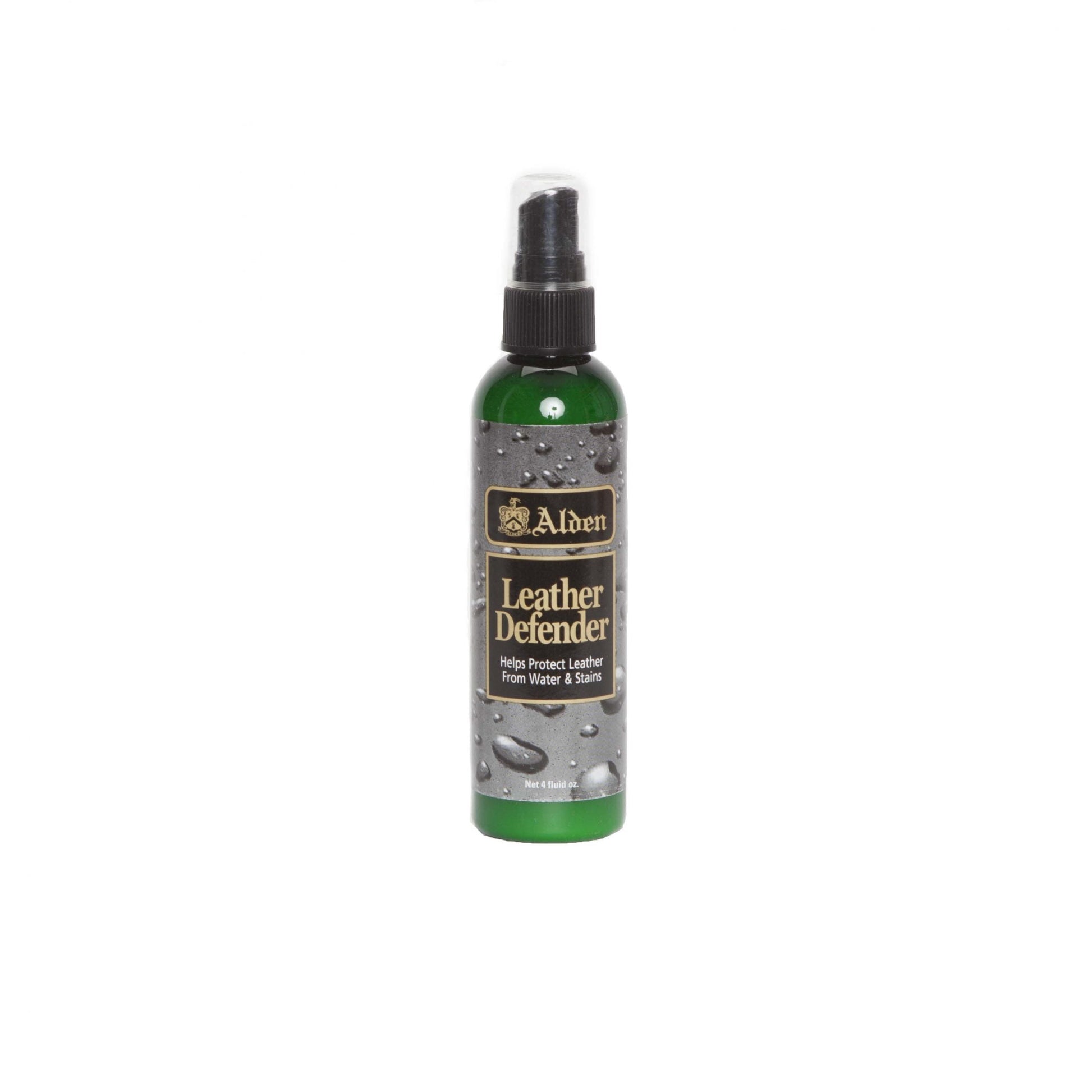 Against a white backdrop, a green bottle of Alden Leather Defender by Alden Madison is displayed. The label features water drop imagery and highlights its ability to protect leather while offering excellent water and stain resistance for your cherished items.