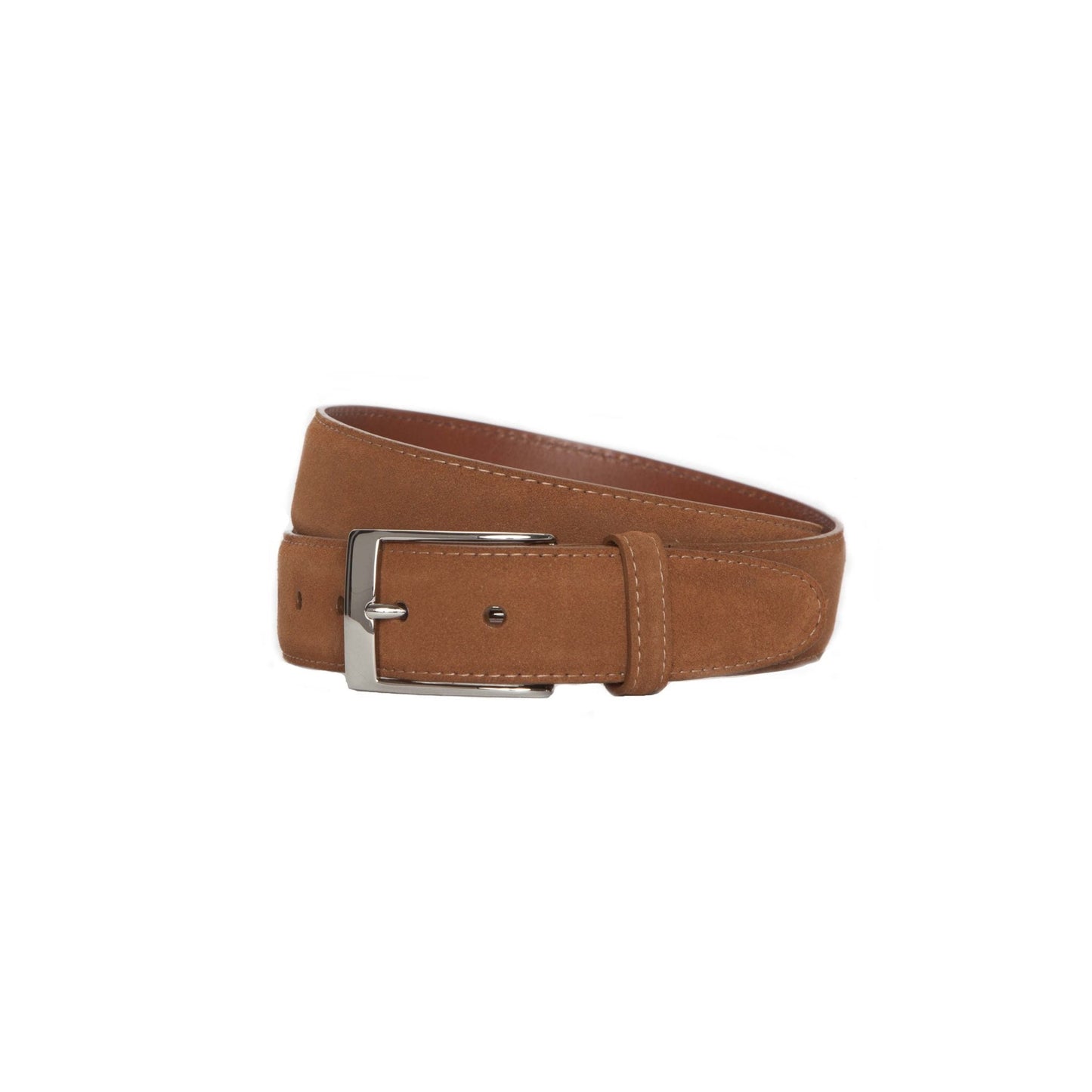 A 35mm Alden Madison MB 5214 snuff suede belt with a nickel buckle is coiled neatly, highlighting its stitching and texture on a plain white background.